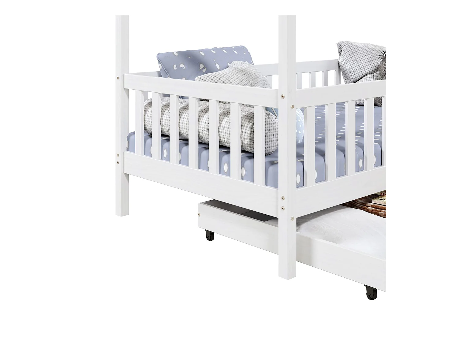 Lit cabane ELEA lit enfant simple montessori 90 x 200 cm, avec 2 tiroirs de rangement, en pin massif lasuré blanc