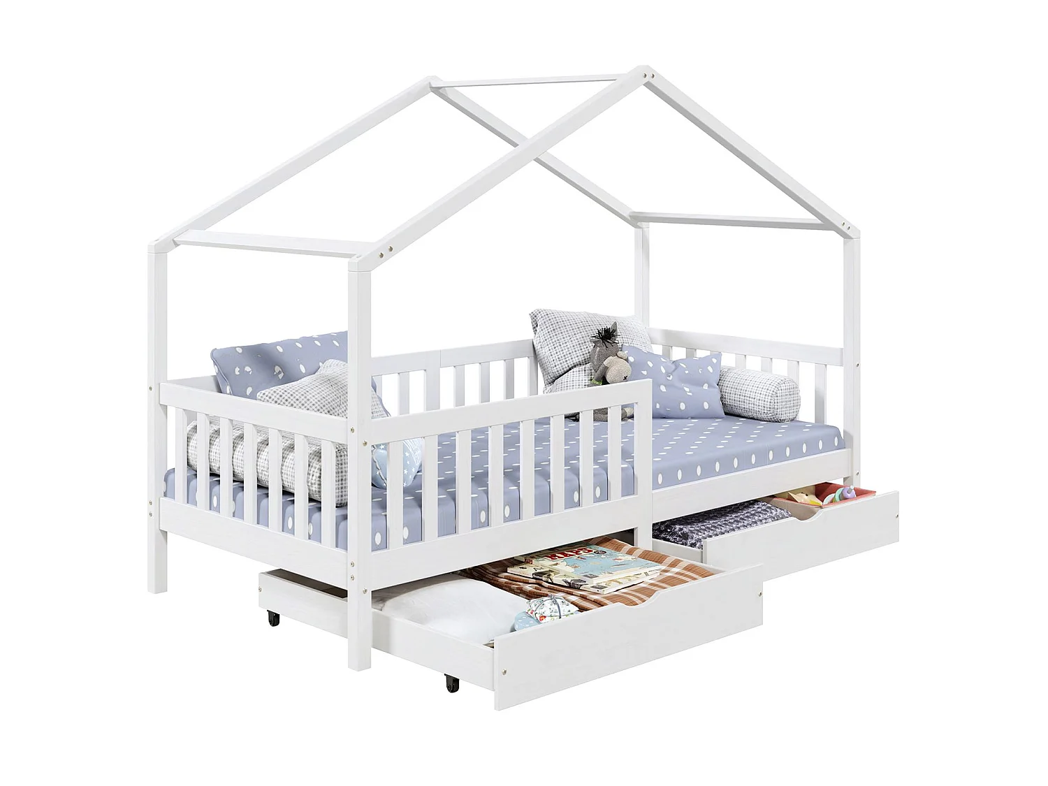 Lit cabane ELEA lit enfant simple montessori 90 x 200 cm, avec 2 tiroirs de rangement, en pin massif lasuré blanc