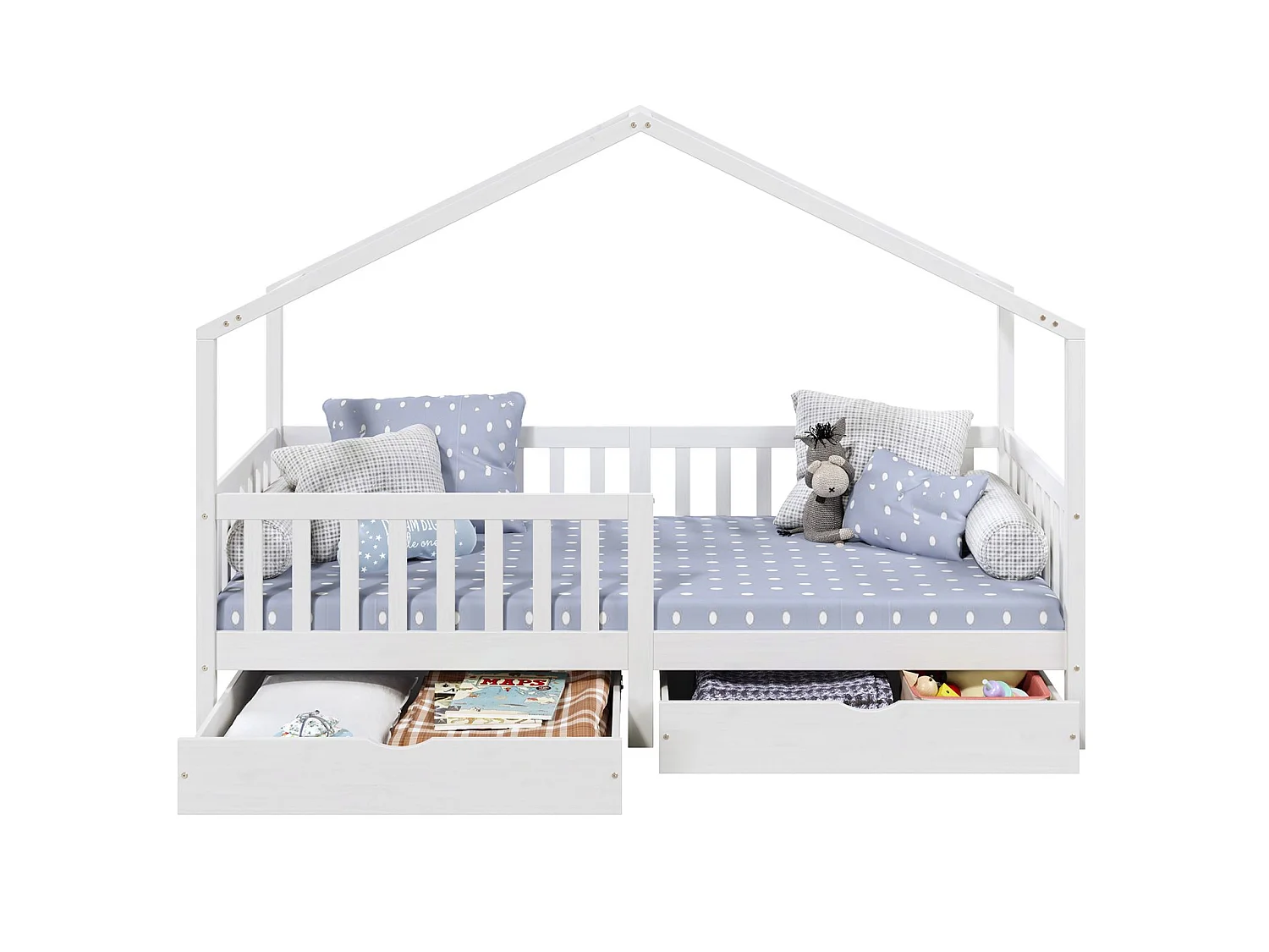 Lit cabane ELEA lit enfant simple montessori 90 x 200 cm, avec 2 tiroirs de rangement, en pin massif lasuré blanc