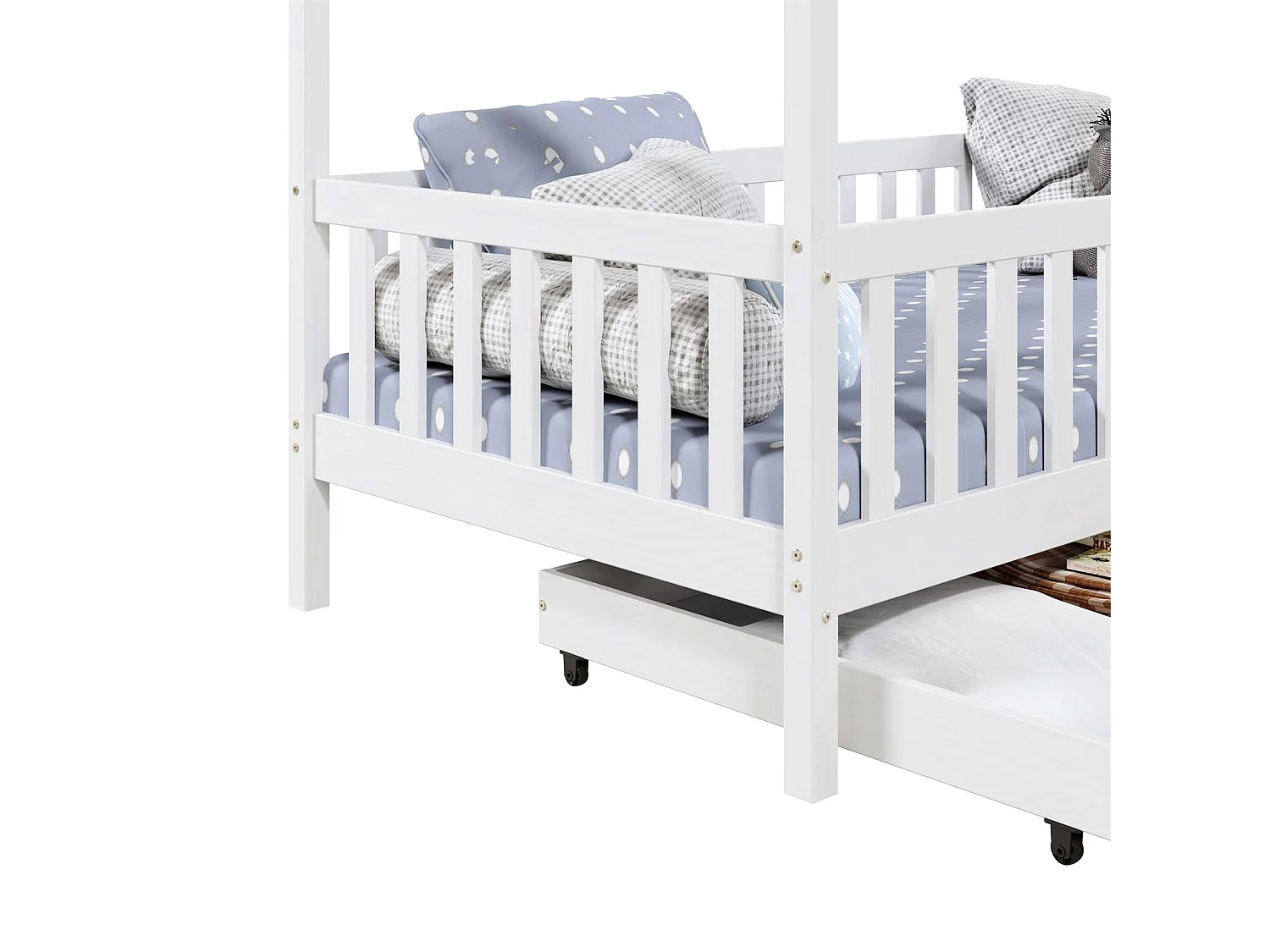 Lit cabane ELEA lit enfant simple montessori 90 x 200 cm, avec 2 tiroirs de rangement, en pin massif lasuré blanc