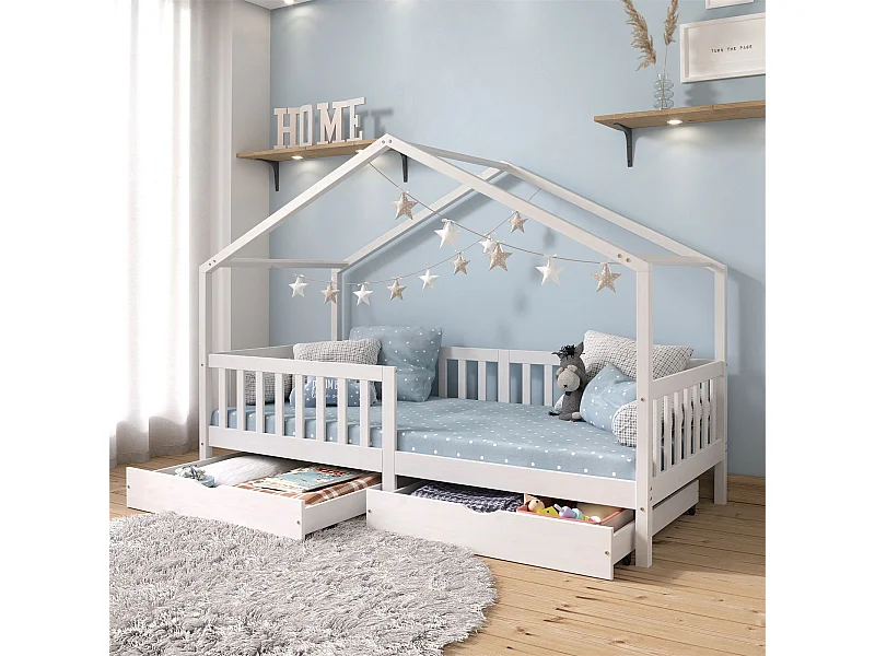 Lit cabane ELEA lit enfant simple montessori 90 x 200 cm, avec 2 tiroirs de rangement, en pin massif lasuré blanc