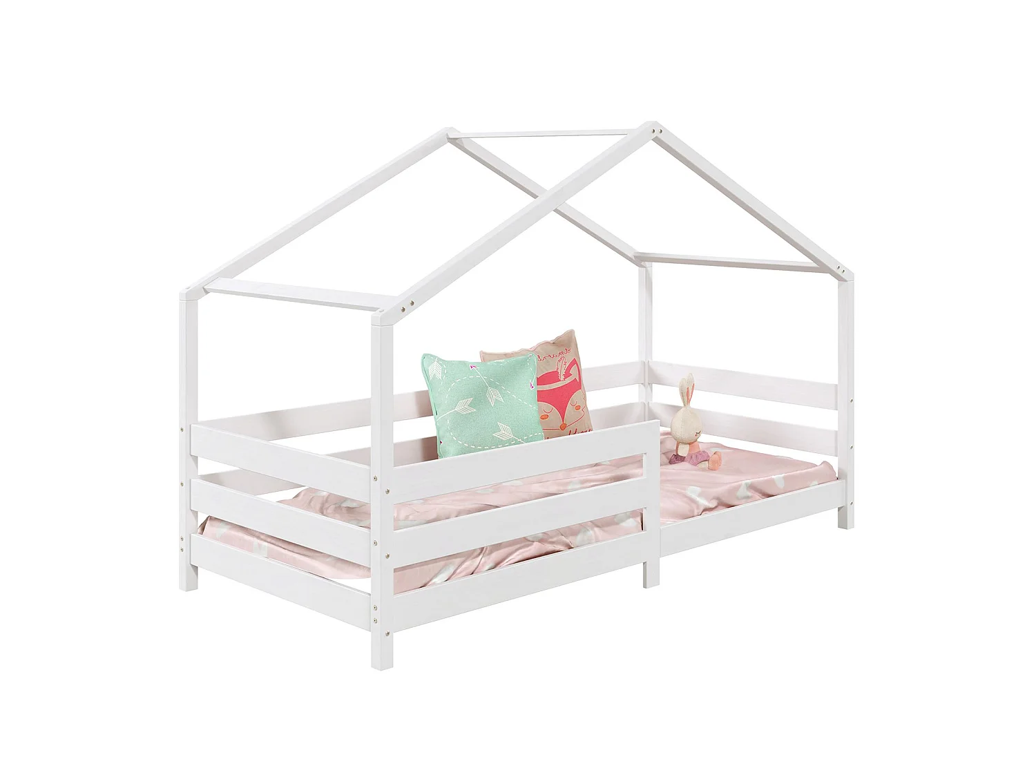 Lit cabane RENA lit simple montessori pour enfant 90 x 200 cm, avec barrières de protection, en pin massif lasuré blanc