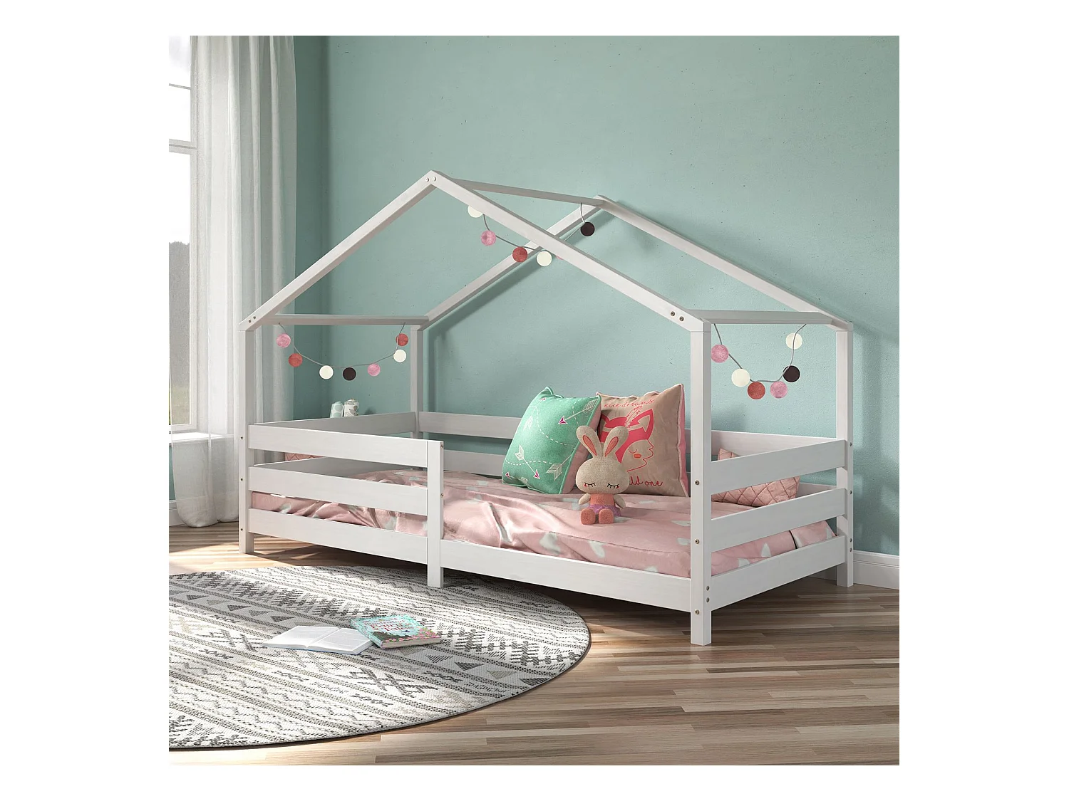 Lit cabane RENA lit simple montessori pour enfant 90 x 200 cm, avec barrières de protection, en pin massif lasuré blanc