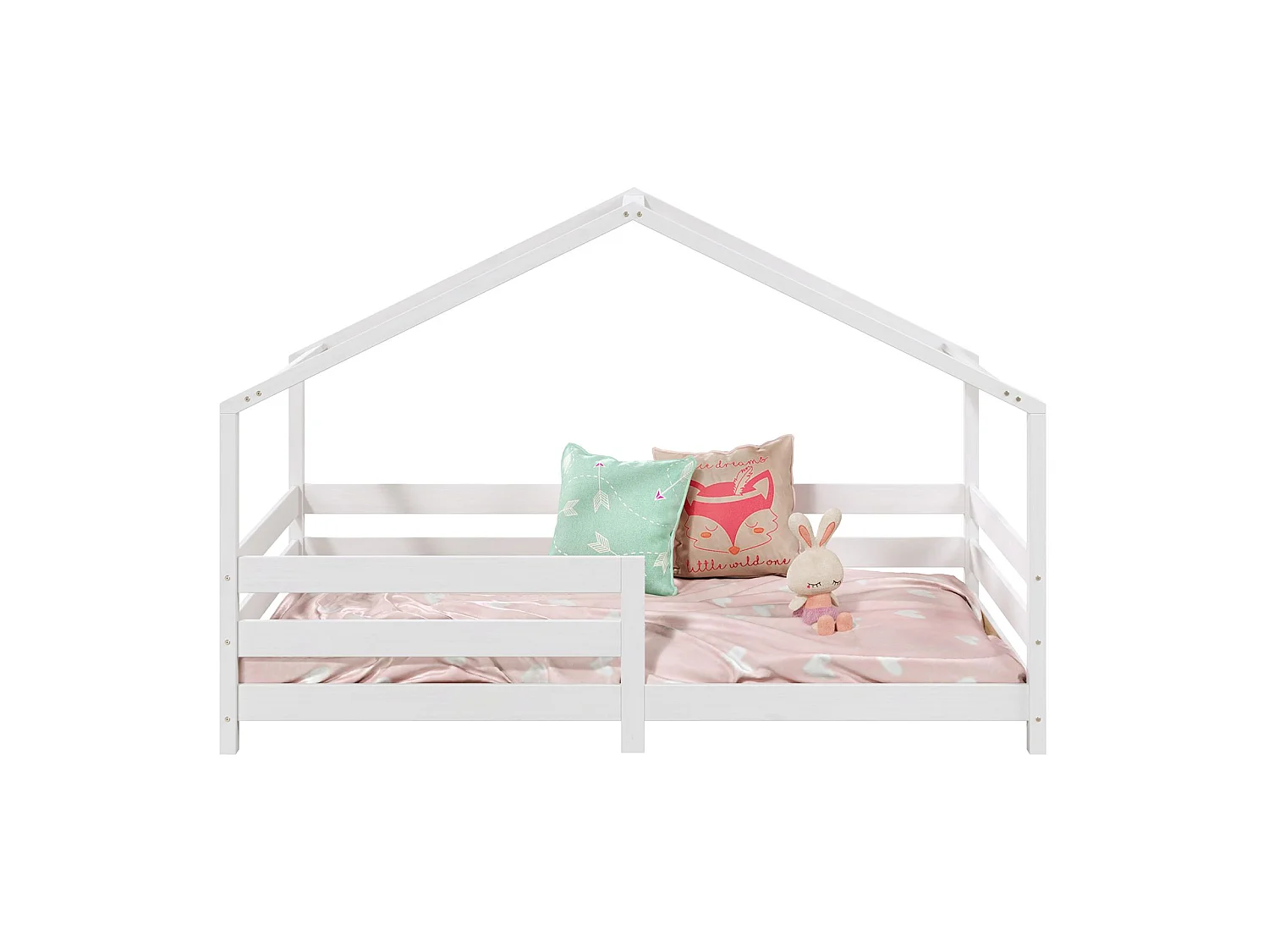 Lit cabane RENA lit simple montessori pour enfant 90 x 200 cm, avec barrières de protection, en pin massif lasuré blanc