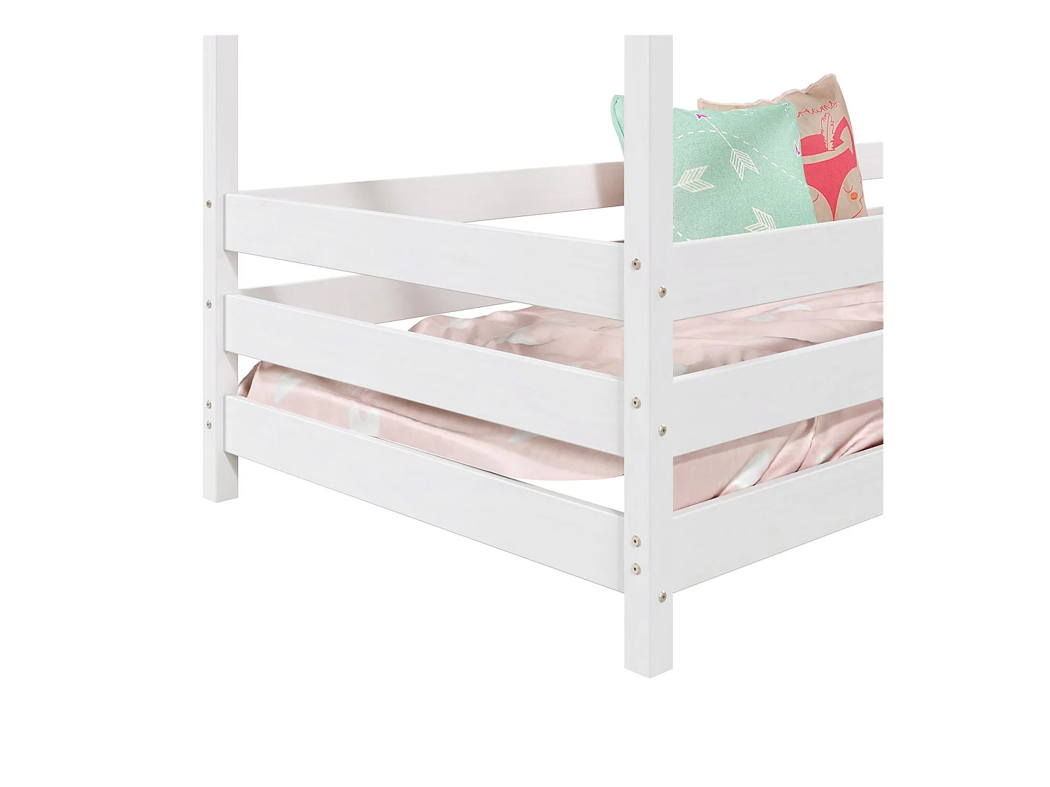 Lit cabane RENA lit simple montessori pour enfant 90 x 200 cm, avec barrières de protection, en pin massif lasuré blanc