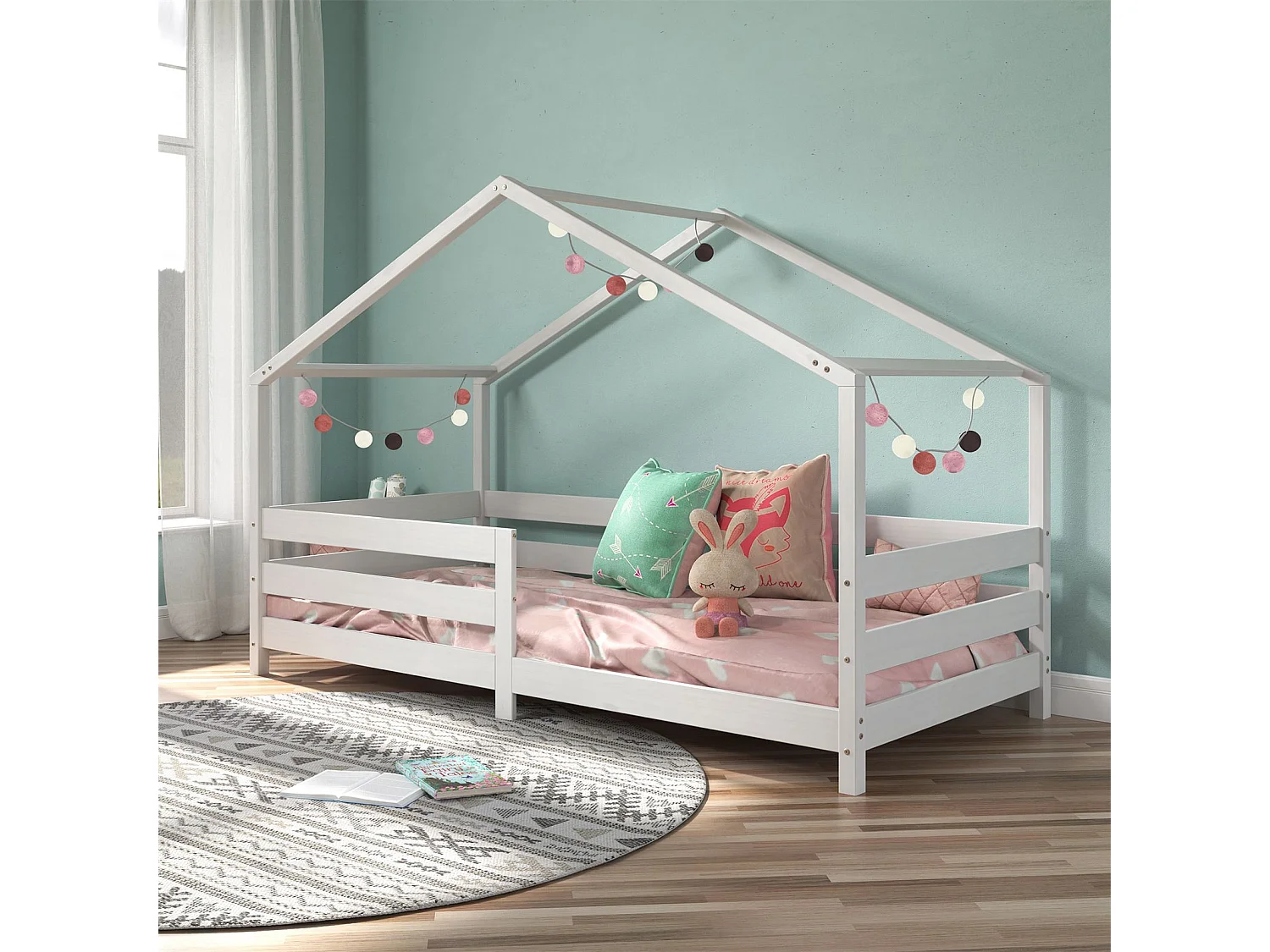 Lit cabane RENA lit simple montessori pour enfant 90 x 200 cm, avec barrières de protection, en pin massif lasuré blanc