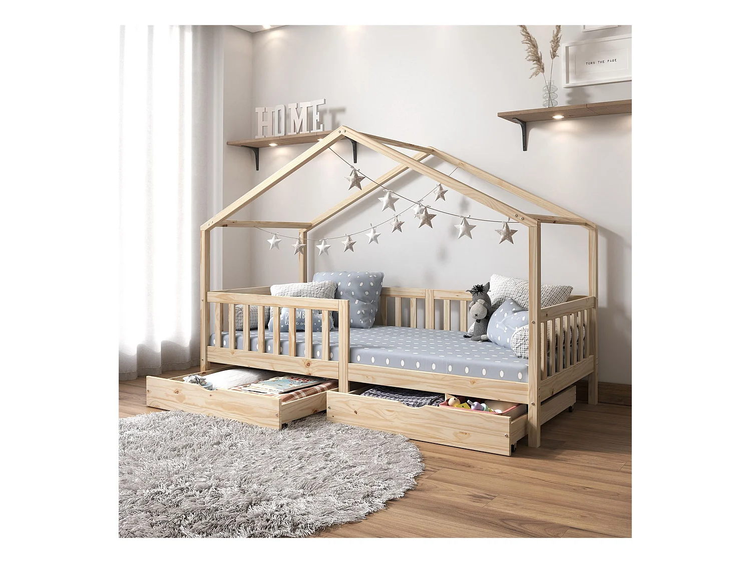 Lit cabane ELEA lit enfant simple montessori 90 x 200 cm, avec 2 tiroirs de rangement, en pin massif à la finition naturelle