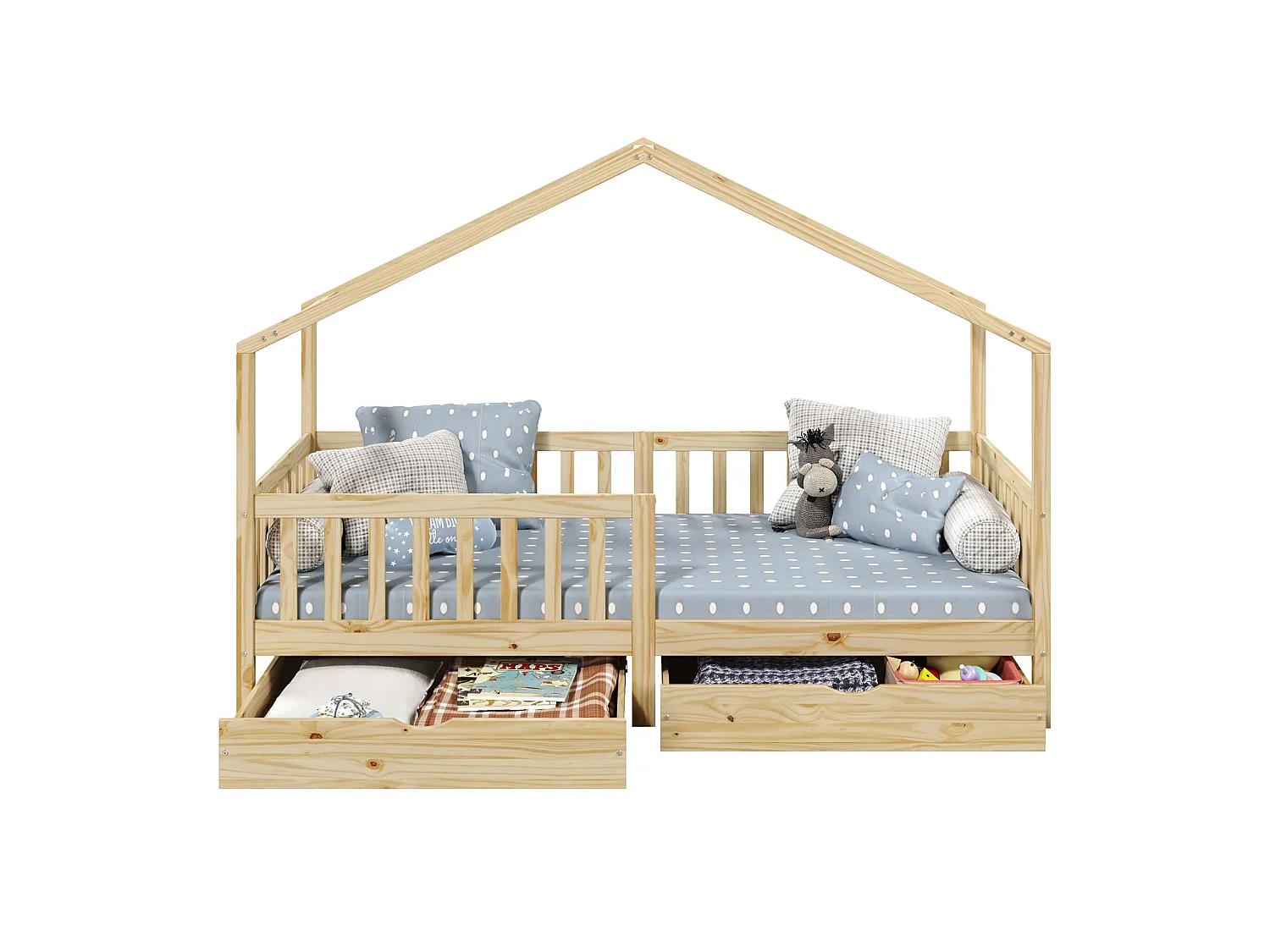 Lit cabane ELEA lit enfant simple montessori 90 x 200 cm, avec 2 tiroirs de rangement, en pin massif à la finition naturelle