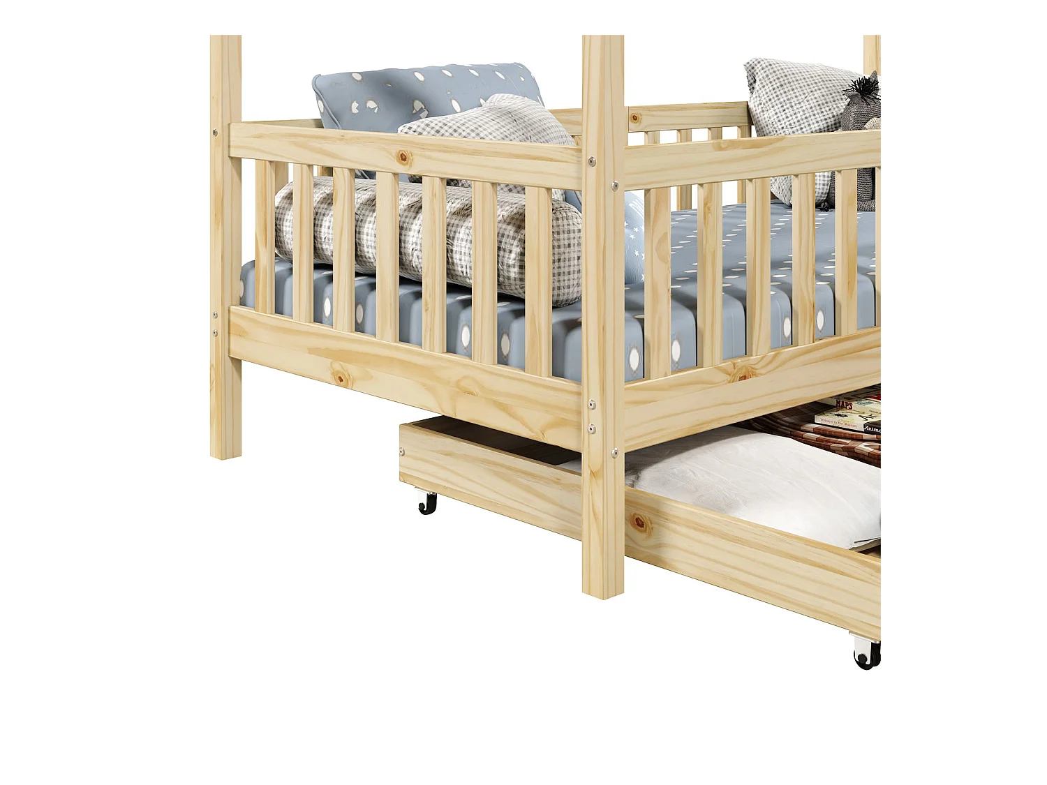 Lit cabane ELEA lit enfant simple montessori 90 x 200 cm, avec 2 tiroirs de rangement, en pin massif à la finition naturelle