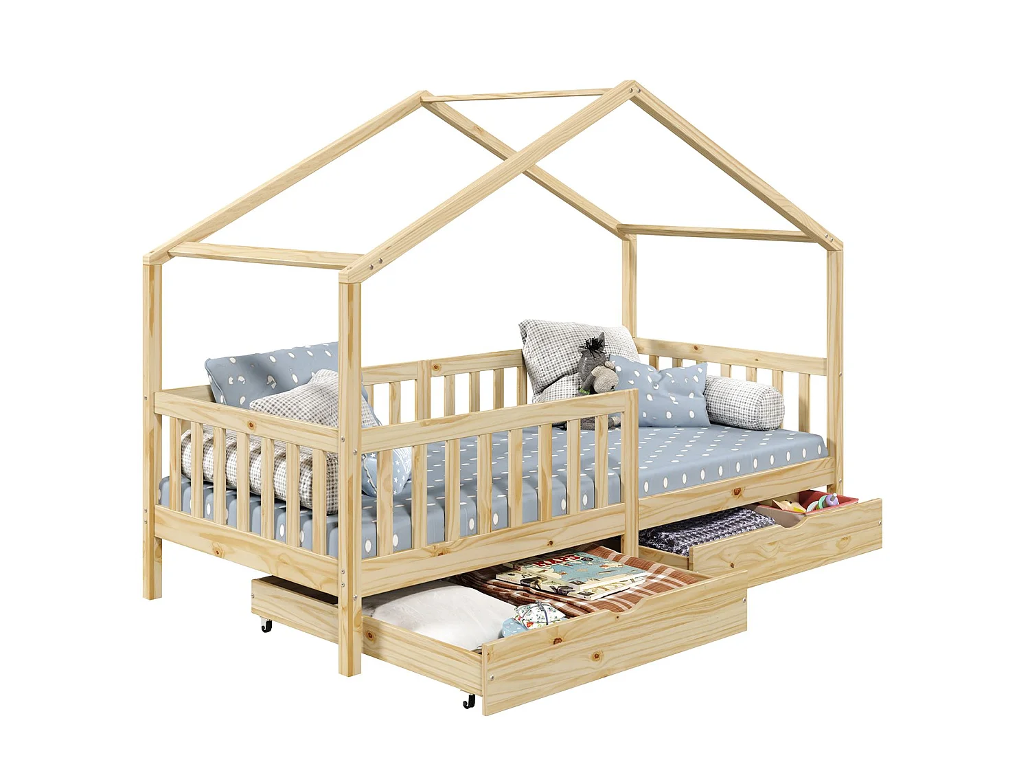 Lit cabane ELEA lit enfant simple montessori 90 x 200 cm, avec 2 tiroirs de rangement, en pin massif à la finition naturelle