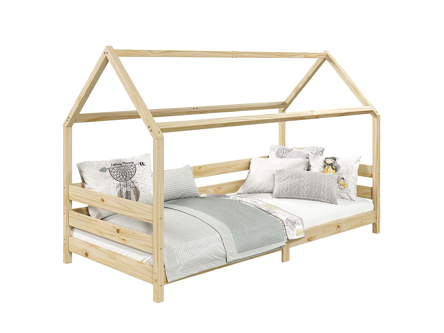 Lit cabane FINA lit simple pour enfant montessori 90 x 200 cm, avec barrières de protection sur 3 côtés, en pin massif naturel