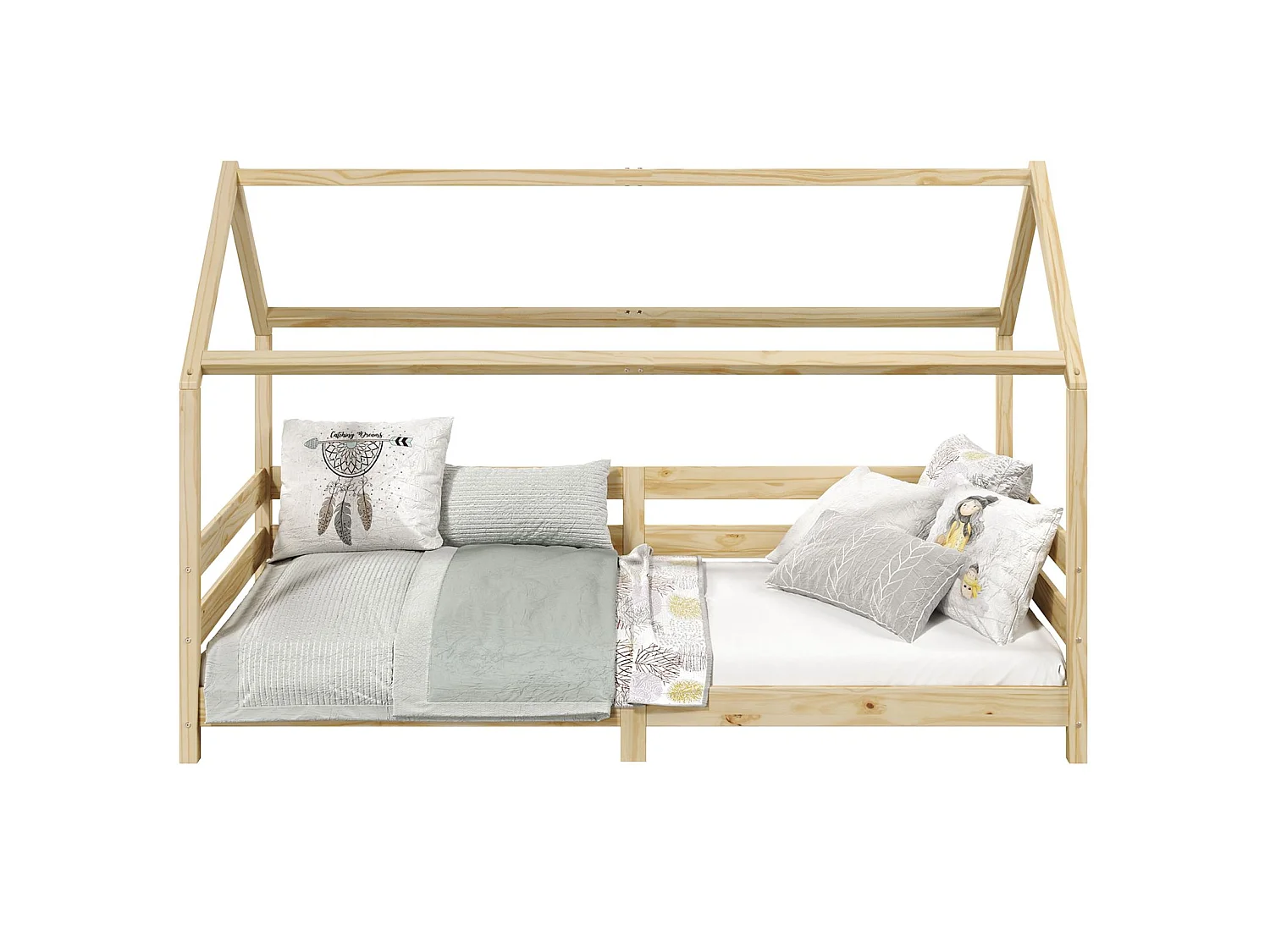 Lit cabane FINA lit simple pour enfant montessori 90 x 200 cm, avec barrières de protection sur 3 côtés, en pin massif naturel