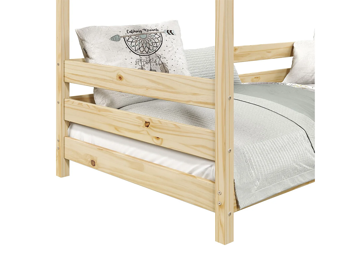 Lit cabane FINA lit simple pour enfant montessori 90 x 200 cm, avec barrières de protection sur 3 côtés, en pin massif naturel