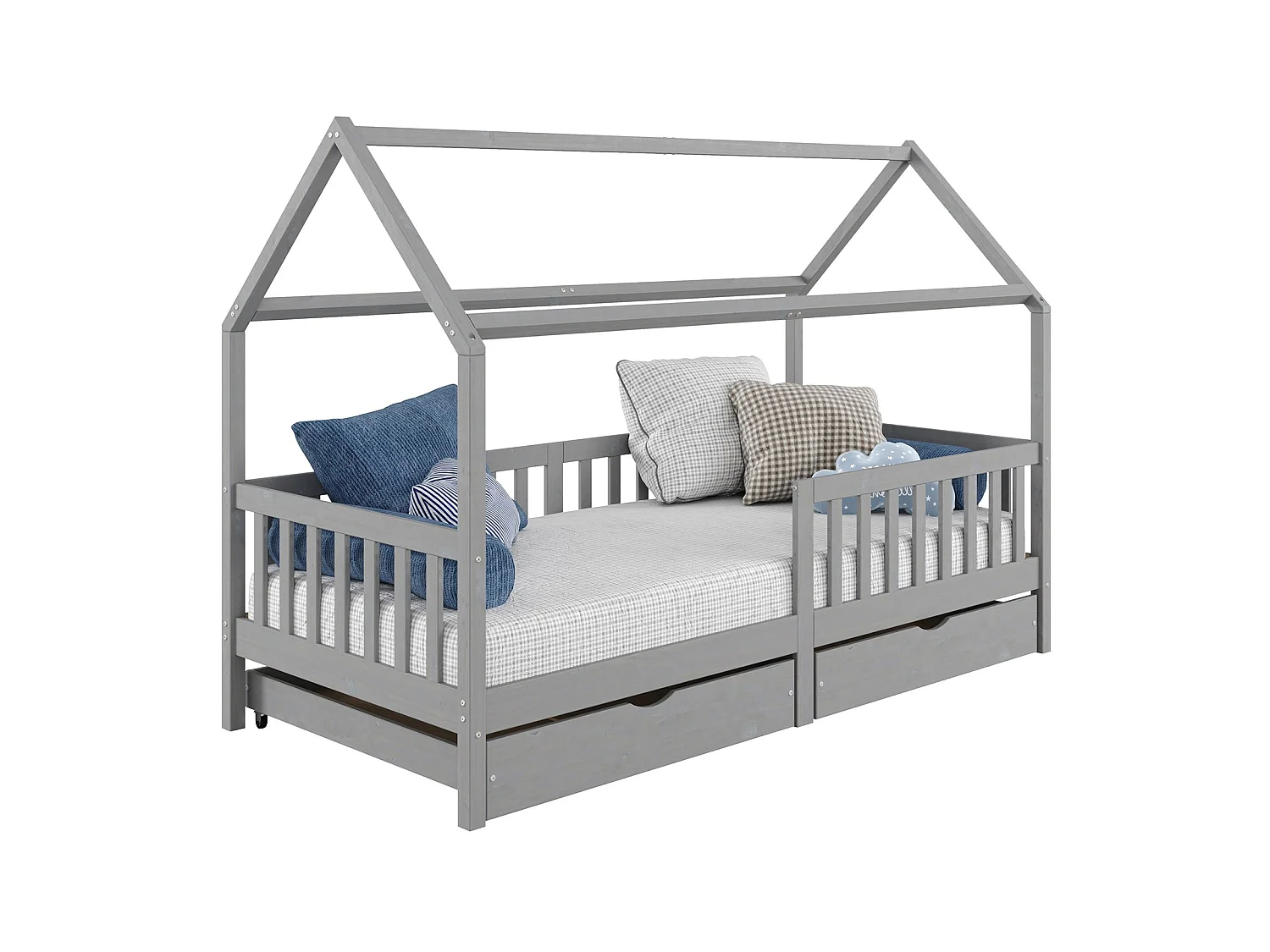 Lit cabane NUNA lit enfant simple montessori en bois 90 x 200 cm, avec rangement 2 tiroirs, en pin massif lasuré gris