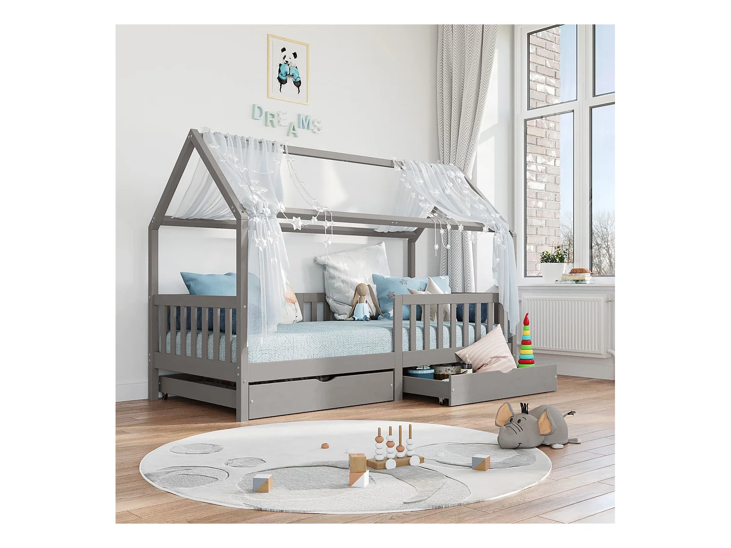 Lit cabane NUNA lit enfant simple montessori en bois 90 x 200 cm, avec rangement 2 tiroirs, en pin massif lasuré gris