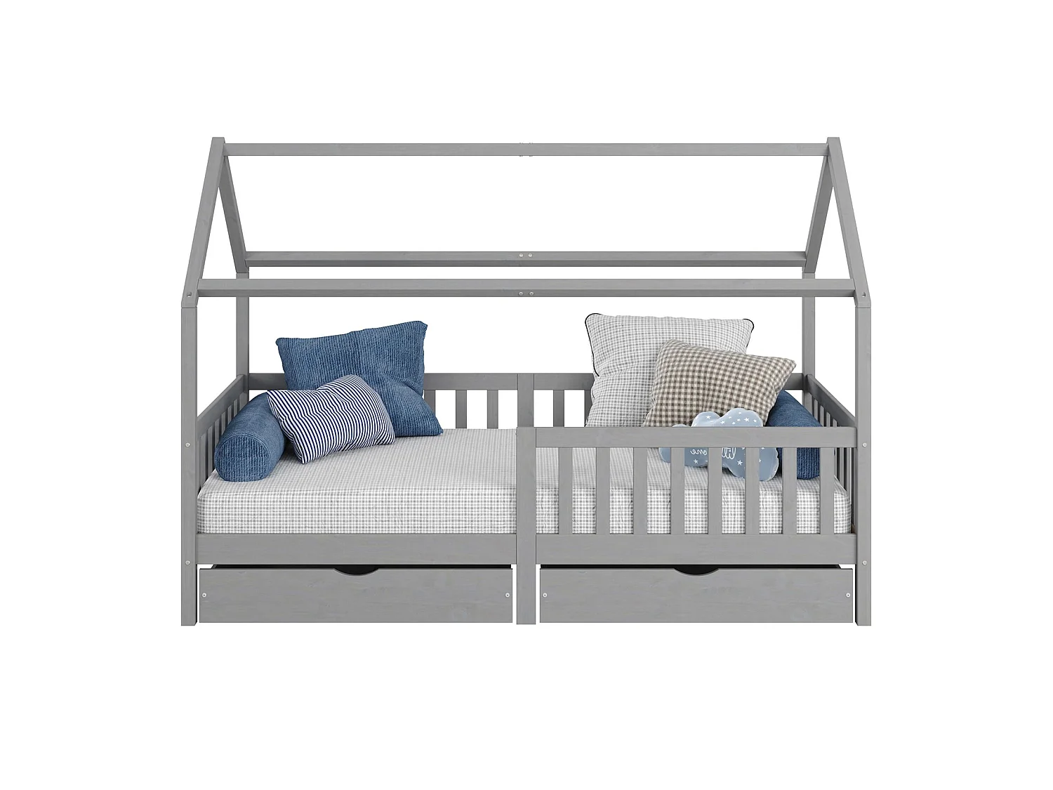 Lit cabane NUNA lit enfant simple montessori en bois 90 x 200 cm, avec rangement 2 tiroirs, en pin massif lasuré gris
