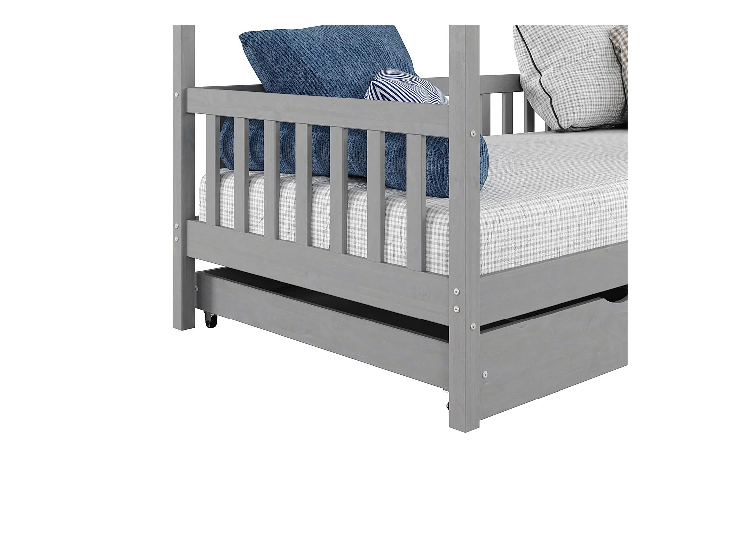 Lit cabane NUNA lit enfant simple montessori en bois 90 x 200 cm, avec rangement 2 tiroirs, en pin massif lasuré gris