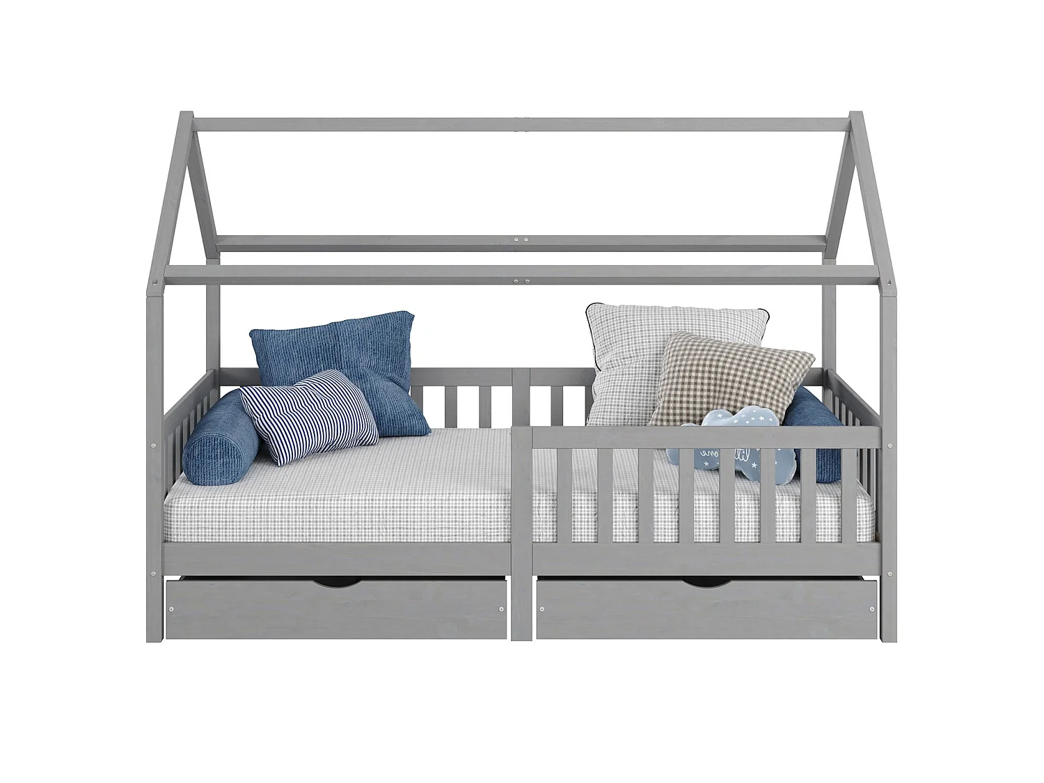 Lit cabane NUNA lit enfant simple montessori en bois 90 x 200 cm, avec rangement 2 tiroirs, en pin massif lasuré gris