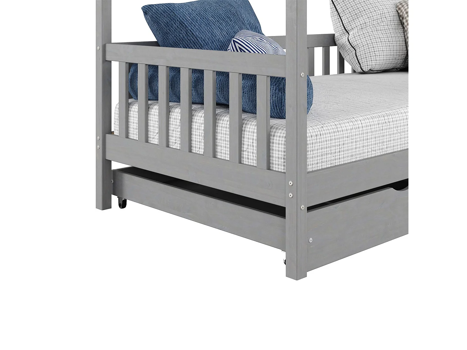 Lit cabane NUNA lit enfant simple montessori en bois 90 x 200 cm, avec rangement 2 tiroirs, en pin massif lasuré gris