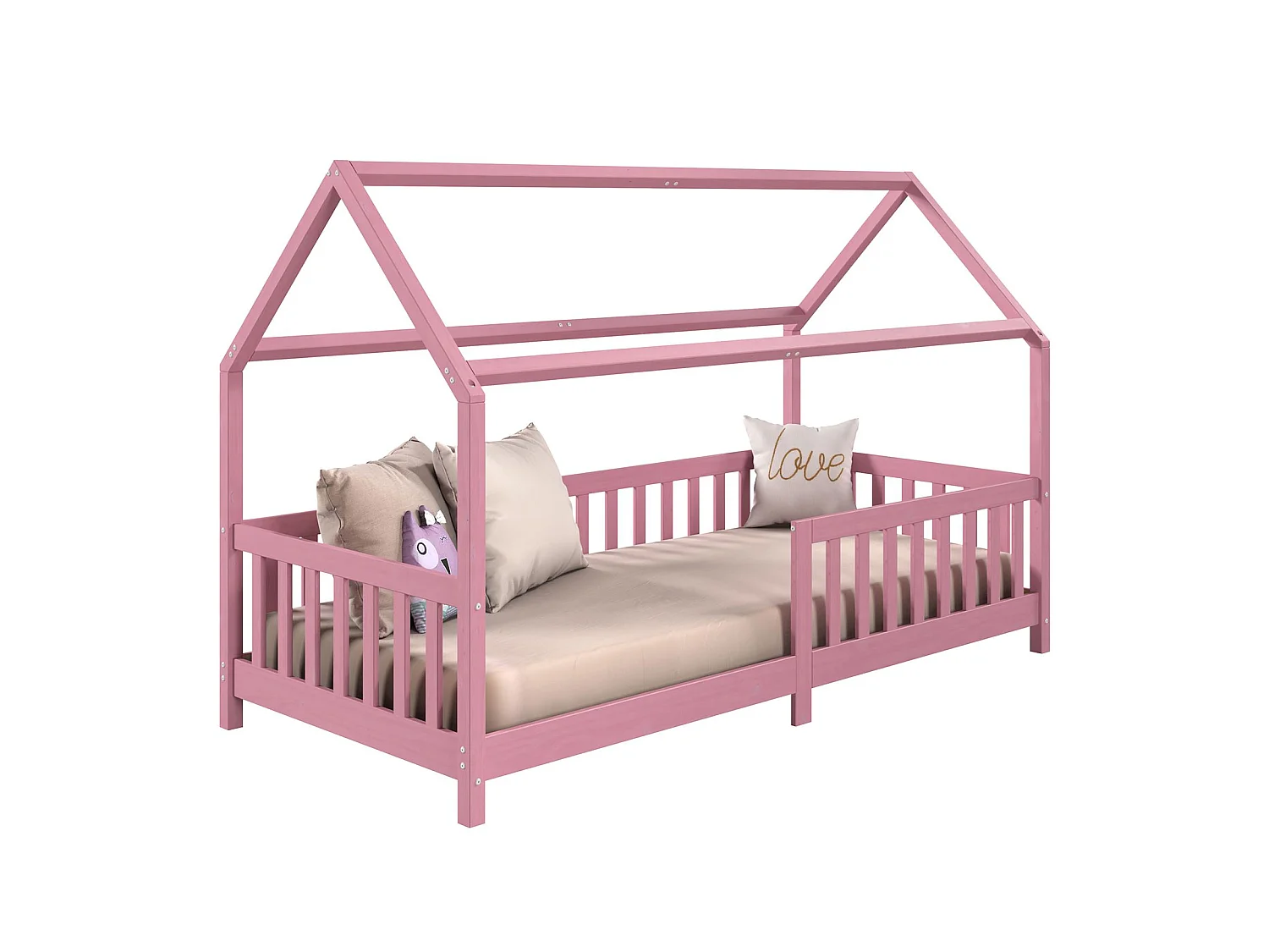 Lit cabane NINA lit enfant simple montessori en bois 90 x 200 cm, en pin massif lasuré rose