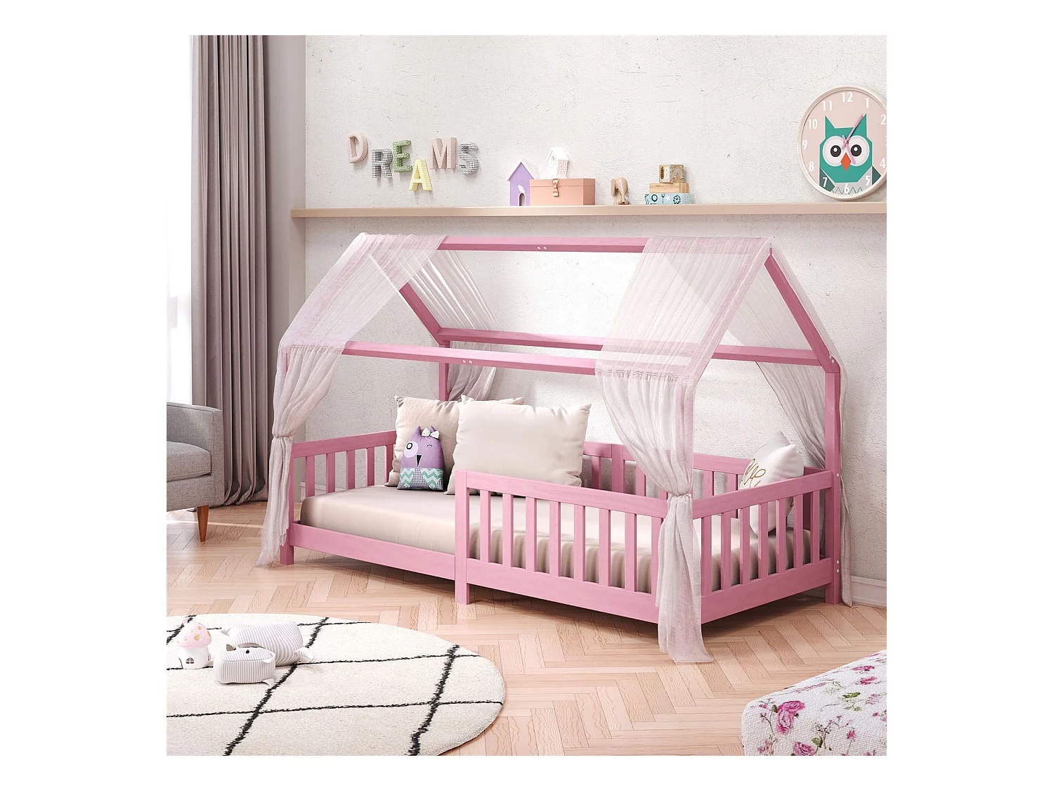 Lit cabane NINA lit enfant simple montessori en bois 90 x 200 cm, en pin massif lasuré rose