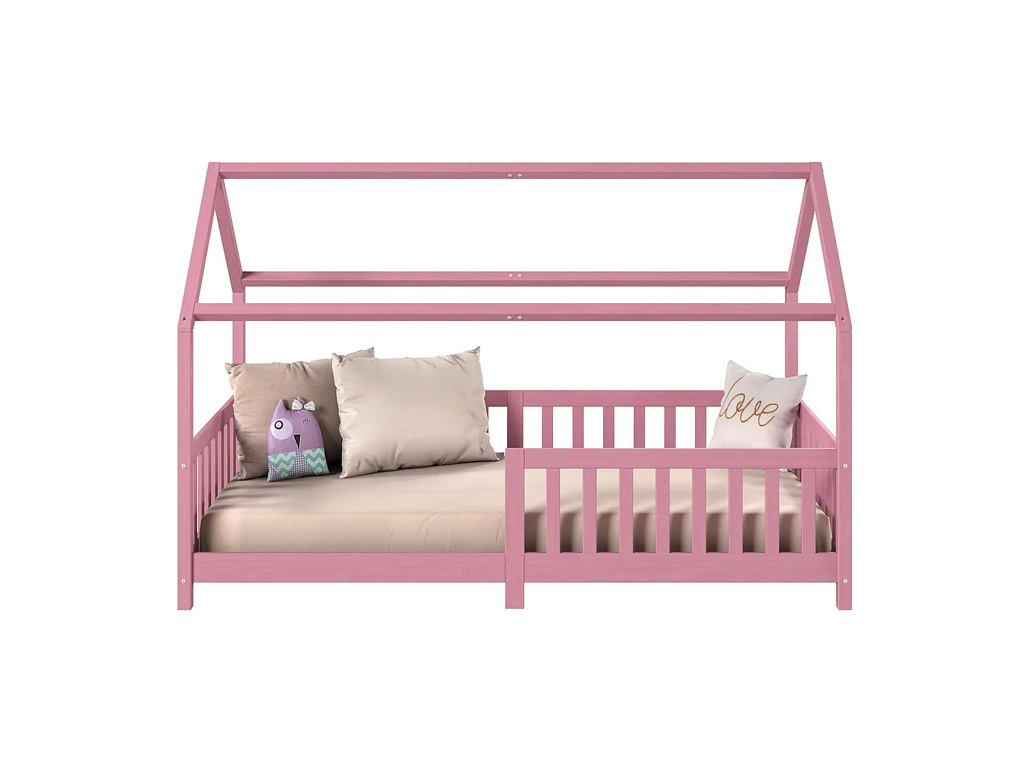 Lit cabane NINA lit enfant simple montessori en bois 90 x 200 cm, en pin massif lasuré rose