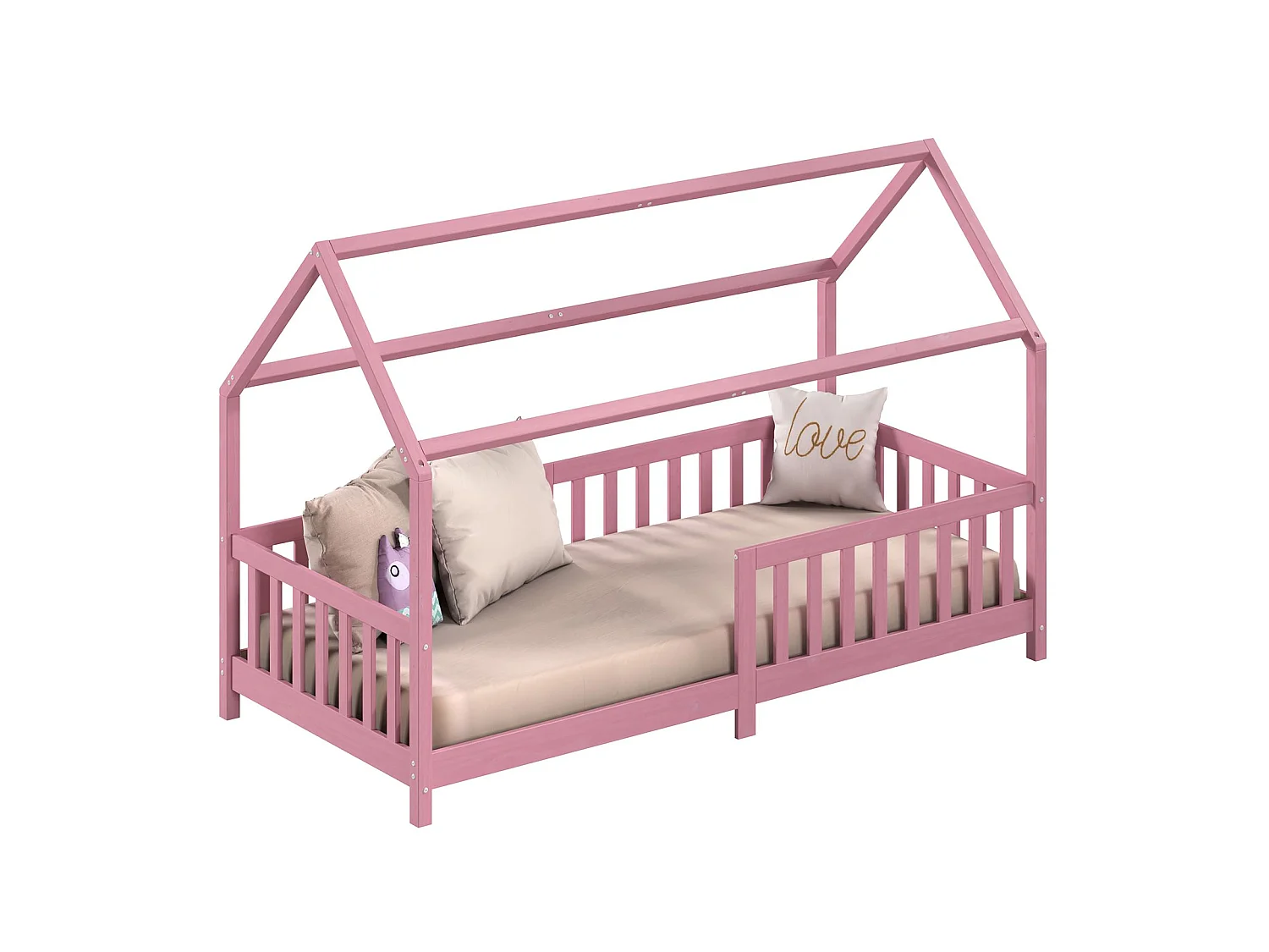 Lit cabane NINA lit enfant simple montessori en bois 90 x 200 cm, en pin massif lasuré rose