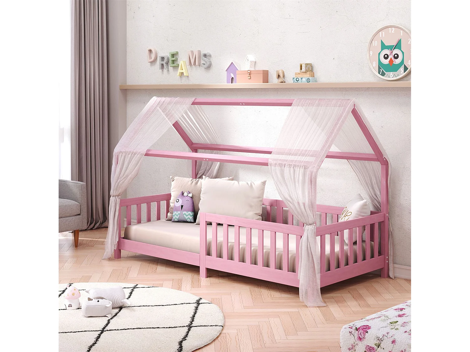 Lit cabane NINA lit enfant simple montessori en bois 90 x 200 cm, en pin massif lasuré rose