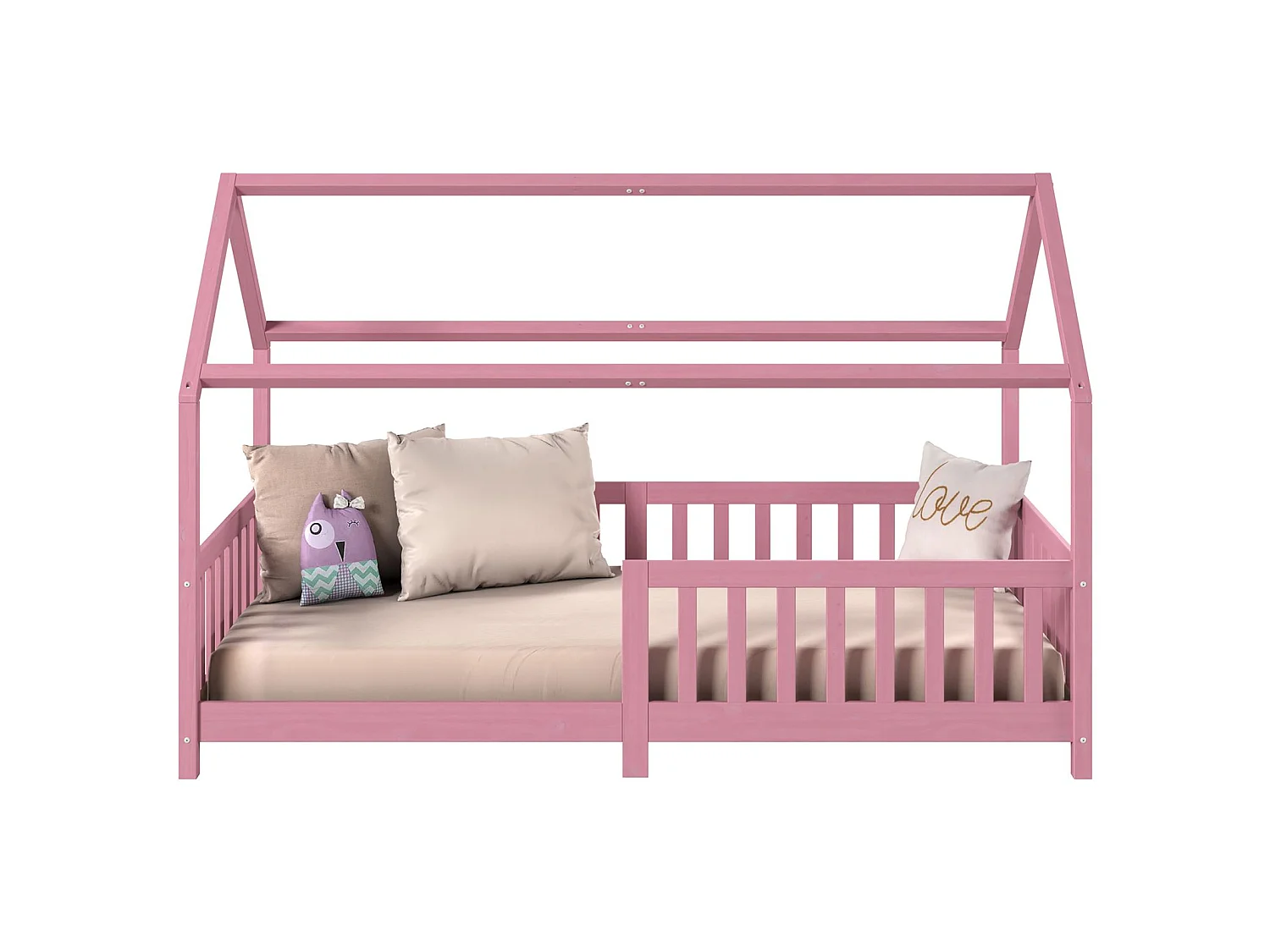 Lit cabane NINA lit enfant simple montessori en bois 90 x 200 cm, en pin massif lasuré rose