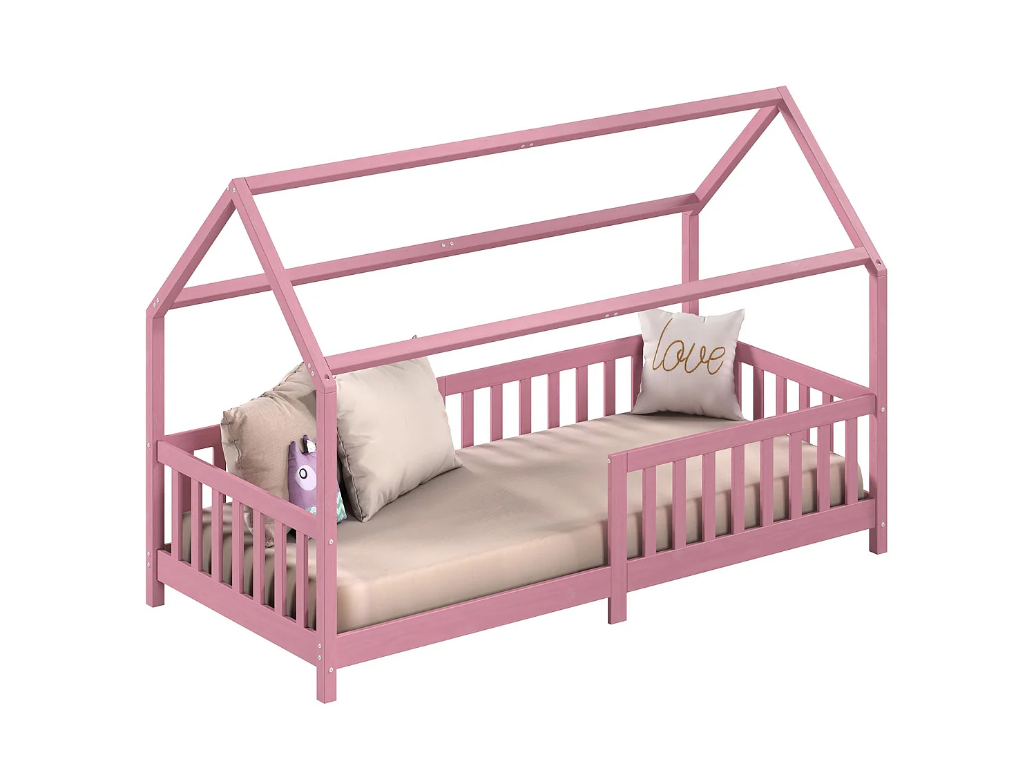 Lit cabane NINA lit enfant simple montessori en bois 90 x 200 cm, en pin massif lasuré rose