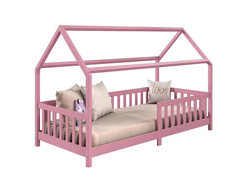 Lit cabane NINA lit enfant simple montessori en bois 90 x 200 cm, en pin massif lasuré rose