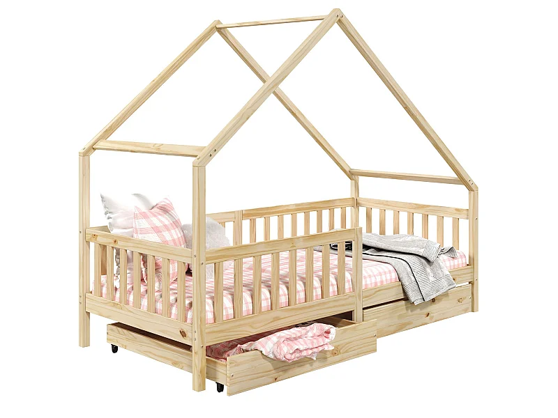 Lit cabane ALVA lit enfant simple asymétrique en bois 90 x 200 cm montessori, avec rangement 2 tiroirs, en pin massif naturel