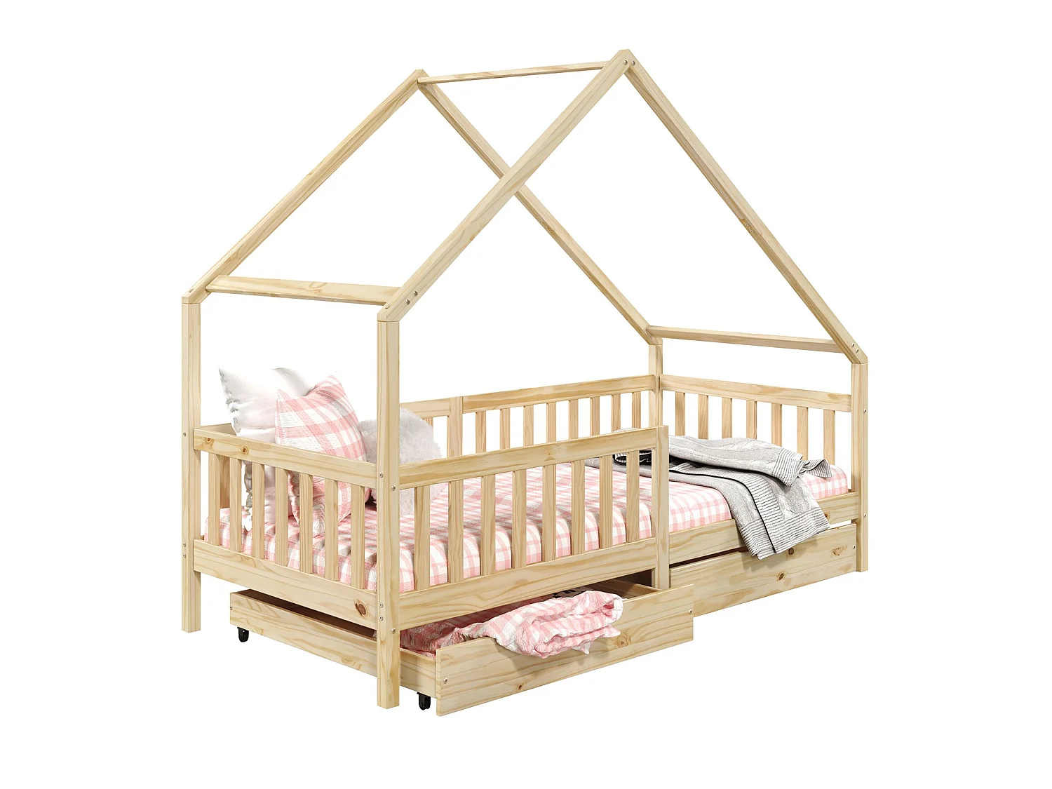 Lit cabane ALVA lit enfant simple asymétrique en bois 90 x 200 cm montessori, avec rangement 2 tiroirs, en pin massif naturel