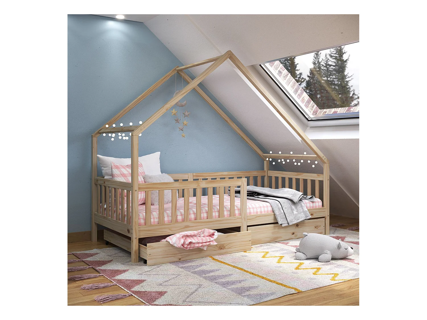 Lit cabane ALVA lit enfant simple asymétrique en bois 90 x 200 cm montessori, avec rangement 2 tiroirs, en pin massif naturel