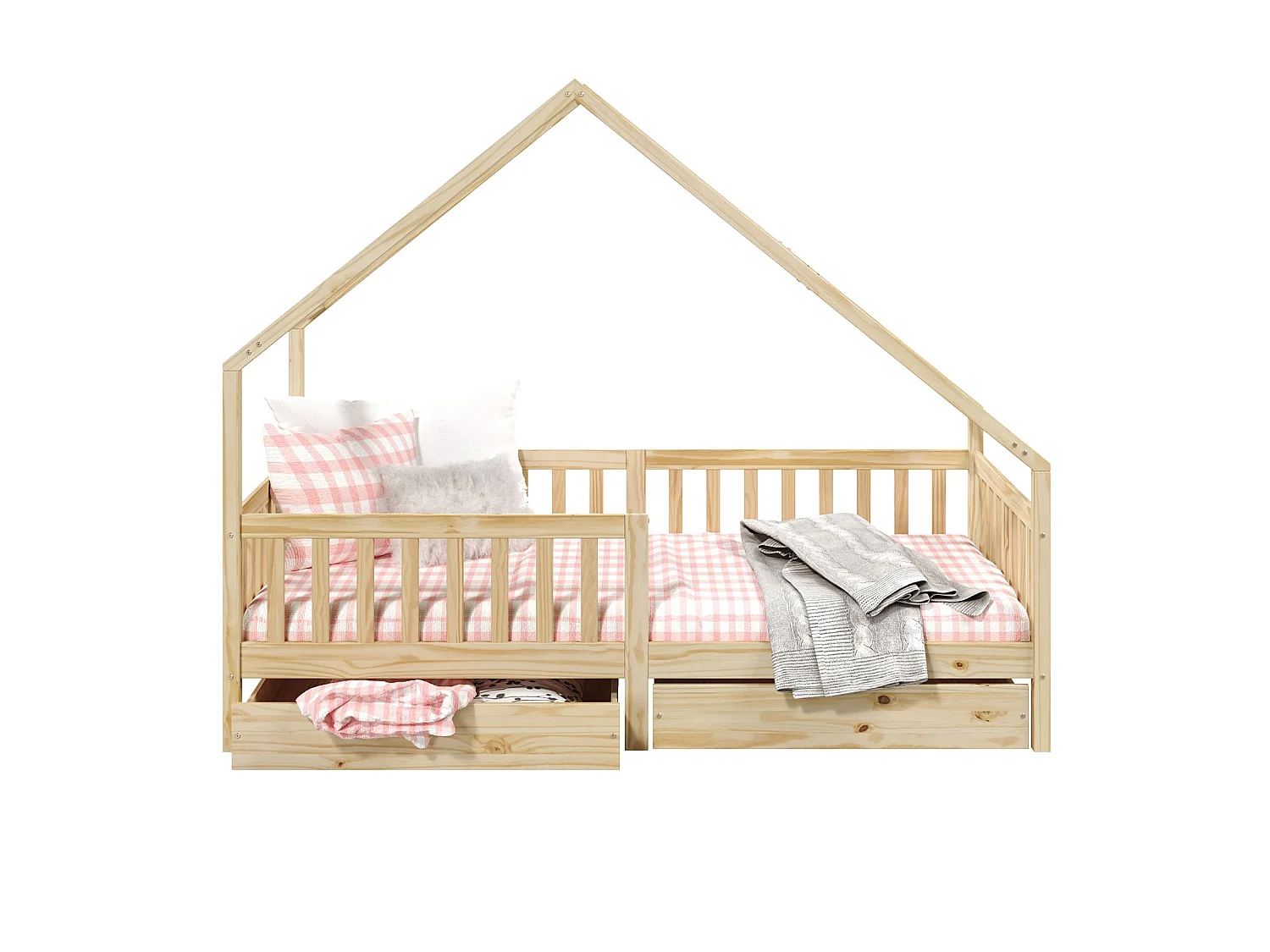 Lit cabane ALVA lit enfant simple asymétrique en bois 90 x 200 cm montessori, avec rangement 2 tiroirs, en pin massif naturel
