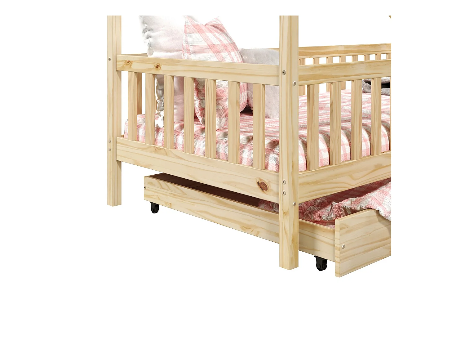 Lit cabane ALVA lit enfant simple asymétrique en bois 90 x 200 cm montessori, avec rangement 2 tiroirs, en pin massif naturel