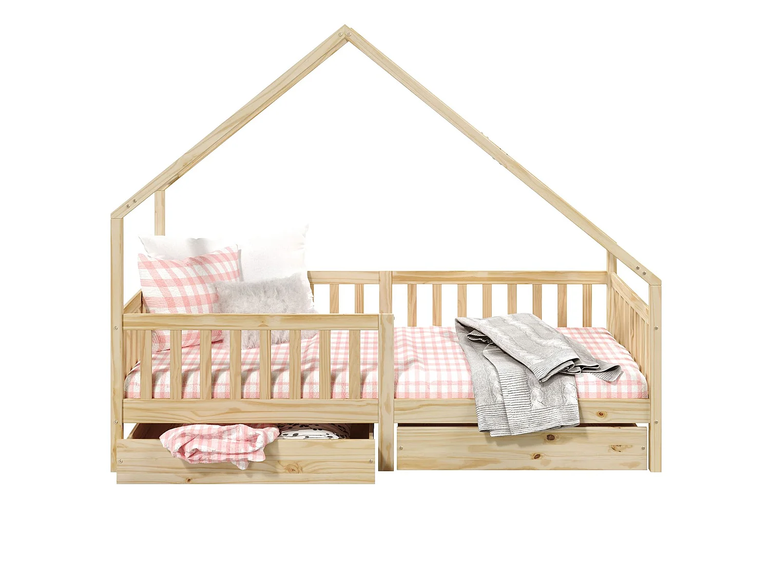 Lit cabane ALVA lit enfant simple asymétrique en bois 90 x 200 cm montessori, avec rangement 2 tiroirs, en pin massif naturel