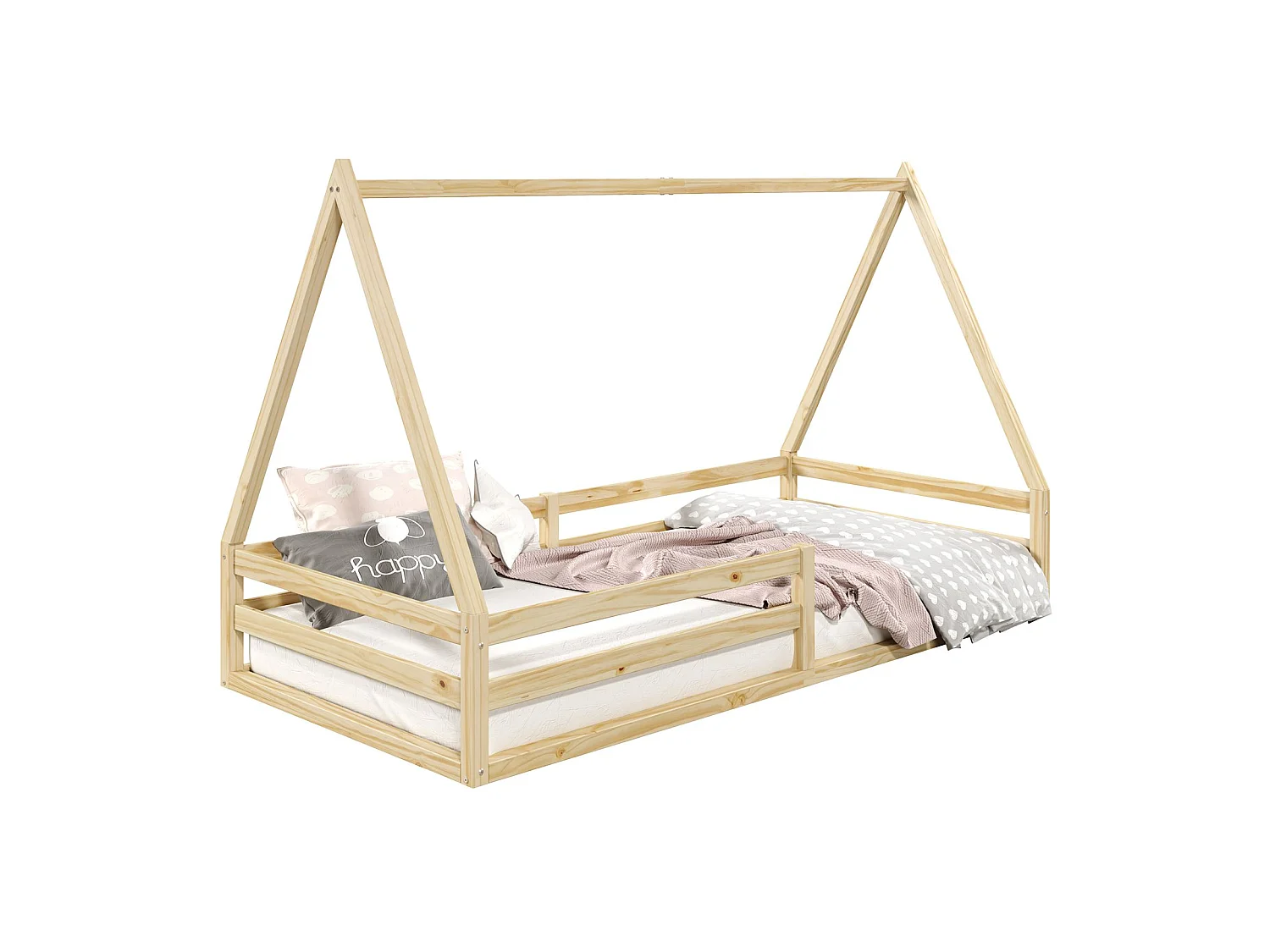 Lit cabane SILA 90x200 cm, lit simple enfant 1 place type Montessori, en pin massif finition naturelle