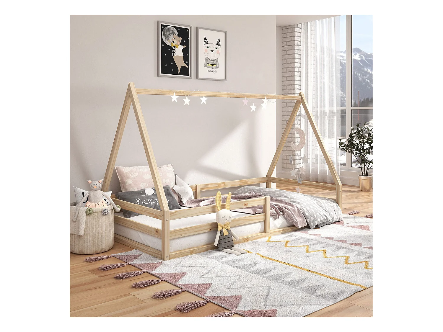 Lit cabane SILA 90x200 cm, lit simple enfant 1 place type Montessori, en pin massif finition naturelle