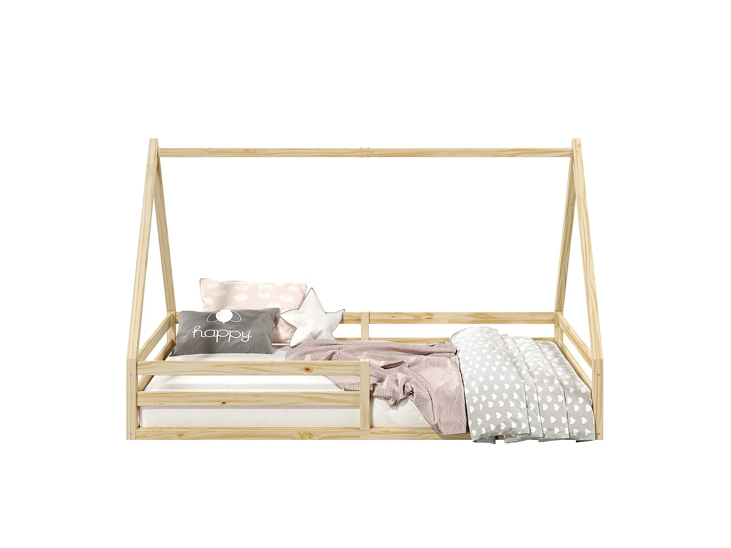 Lit cabane SILA 90x200 cm, lit simple enfant 1 place type Montessori, en pin massif finition naturelle