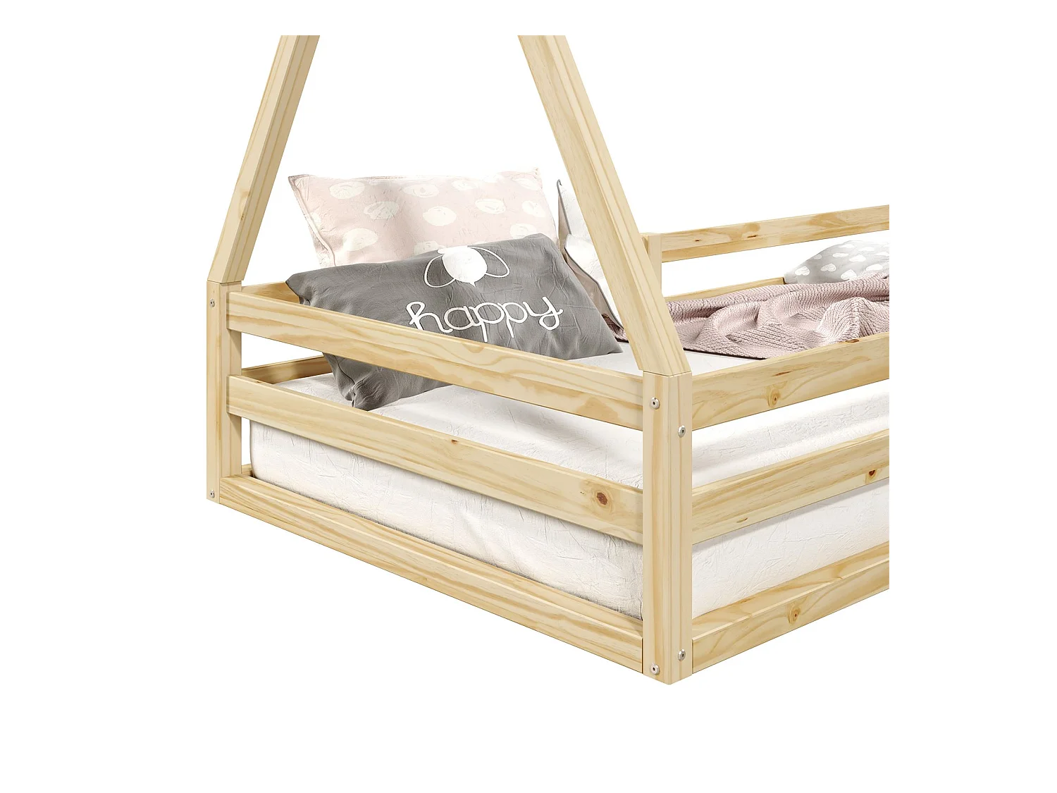 Lit cabane SILA 90x200 cm, lit simple enfant 1 place type Montessori, en pin massif finition naturelle