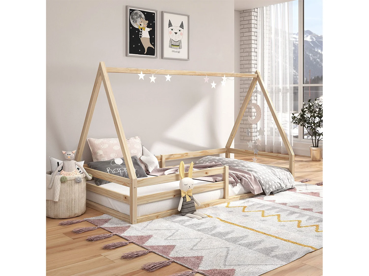 Lit cabane SILA 90x200 cm, lit simple enfant 1 place type Montessori, en pin massif finition naturelle