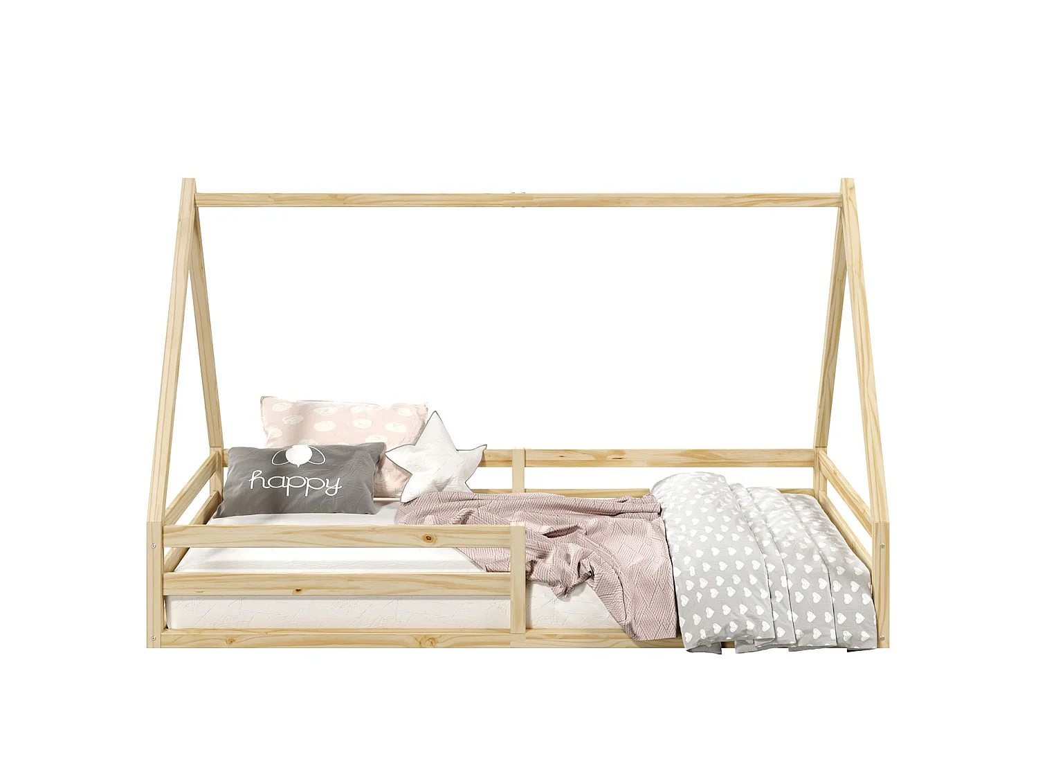 Lit cabane SILA 90x200 cm, lit simple enfant 1 place type Montessori, en pin massif finition naturelle