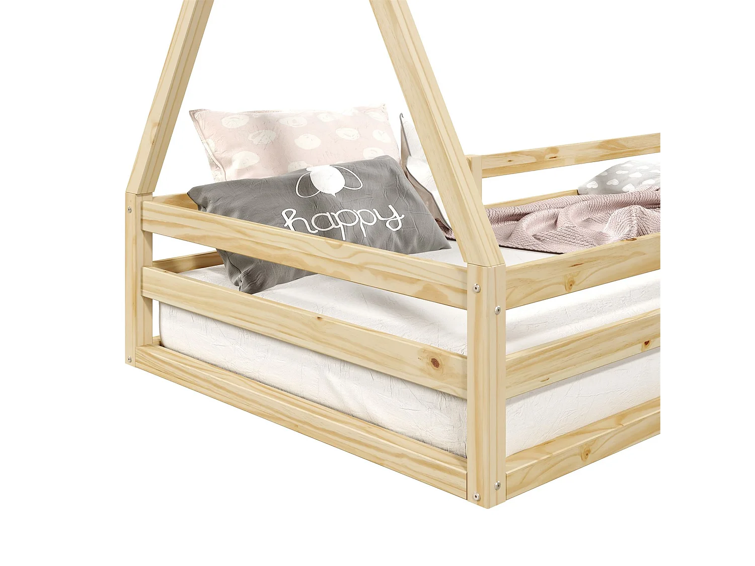 Lit cabane SILA 90x200 cm, lit simple enfant 1 place type Montessori, en pin massif finition naturelle