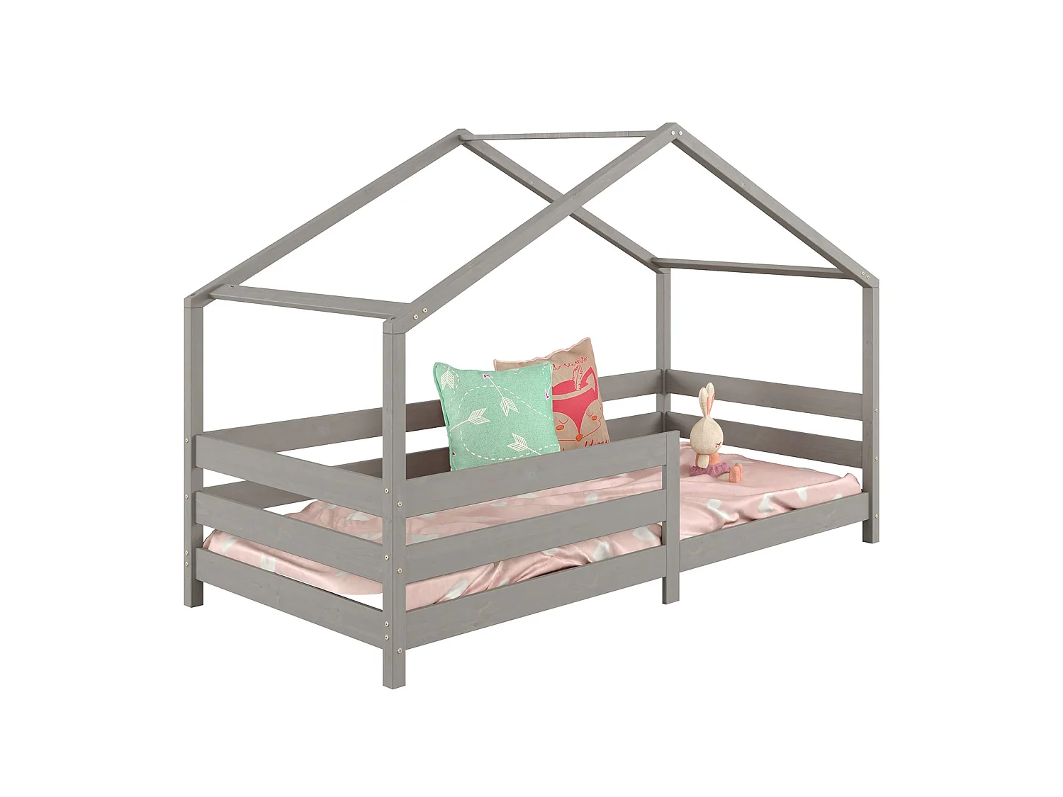 Lit cabane RENA lit simple montessori pour enfant 90 x 200 cm, avec barrières de protection, en pin massif lasuré gris