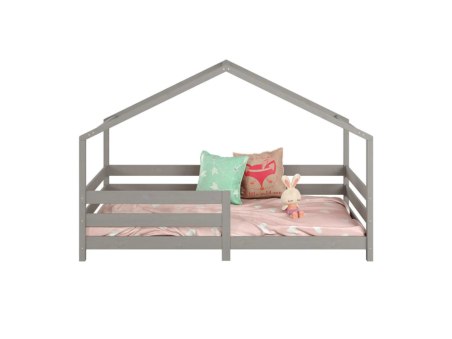 Lit cabane RENA lit simple montessori pour enfant 90 x 200 cm, avec barrières de protection, en pin massif lasuré gris