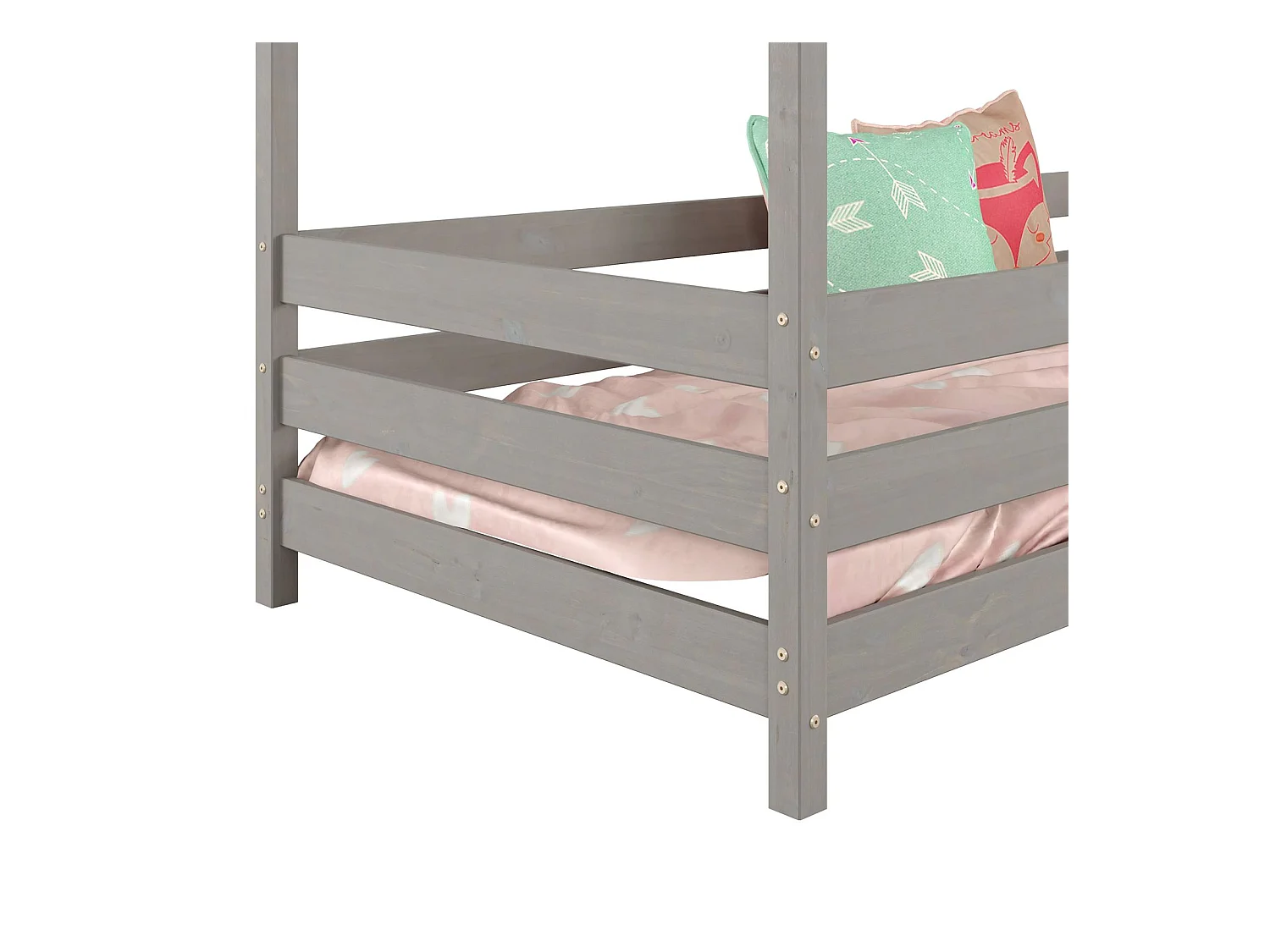 Lit cabane RENA lit simple montessori pour enfant 90 x 200 cm, avec barrières de protection, en pin massif lasuré gris