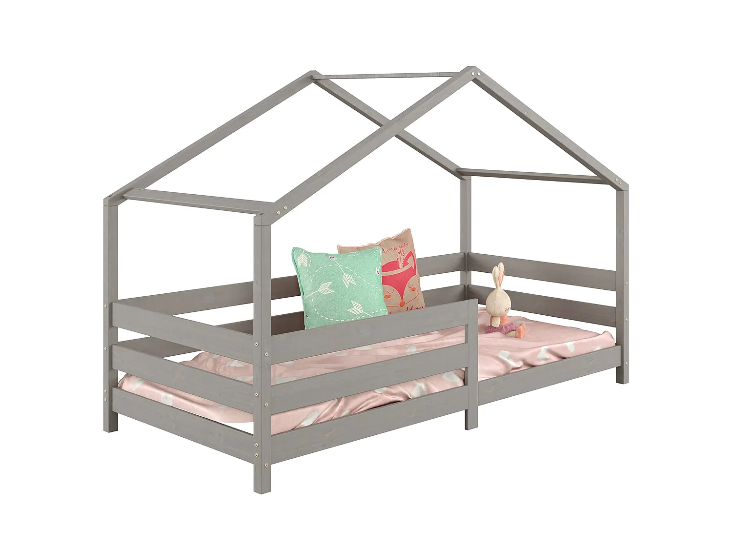 Lit cabane RENA lit simple montessori pour enfant 90 x 200 cm, avec barrières de protection, en pin massif lasuré gris