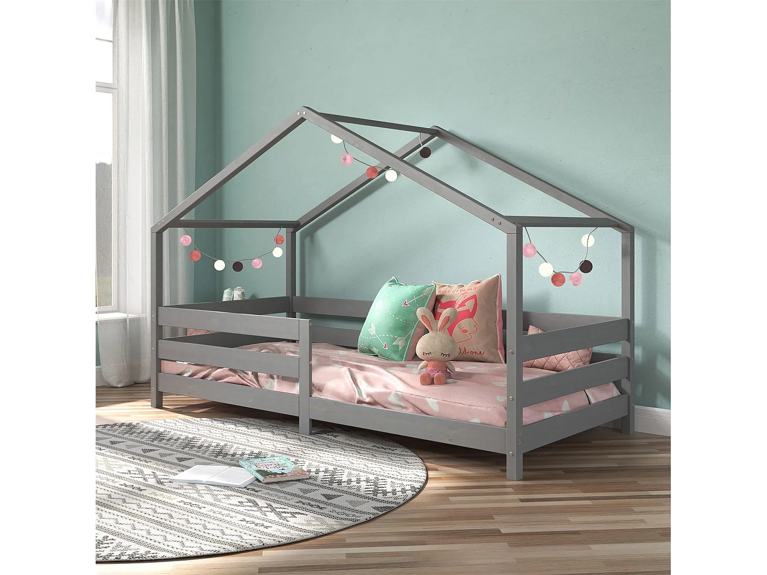 Lit cabane RENA lit simple montessori pour enfant 90 x 200 cm, avec barrières de protection, en pin massif lasuré gris