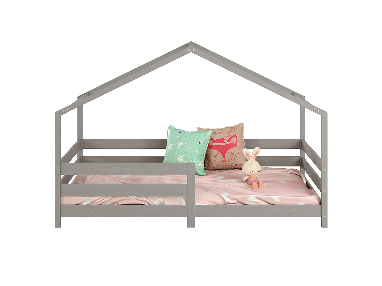Lit cabane RENA lit simple montessori pour enfant 90 x 200 cm, avec barrières de protection, en pin massif lasuré gris